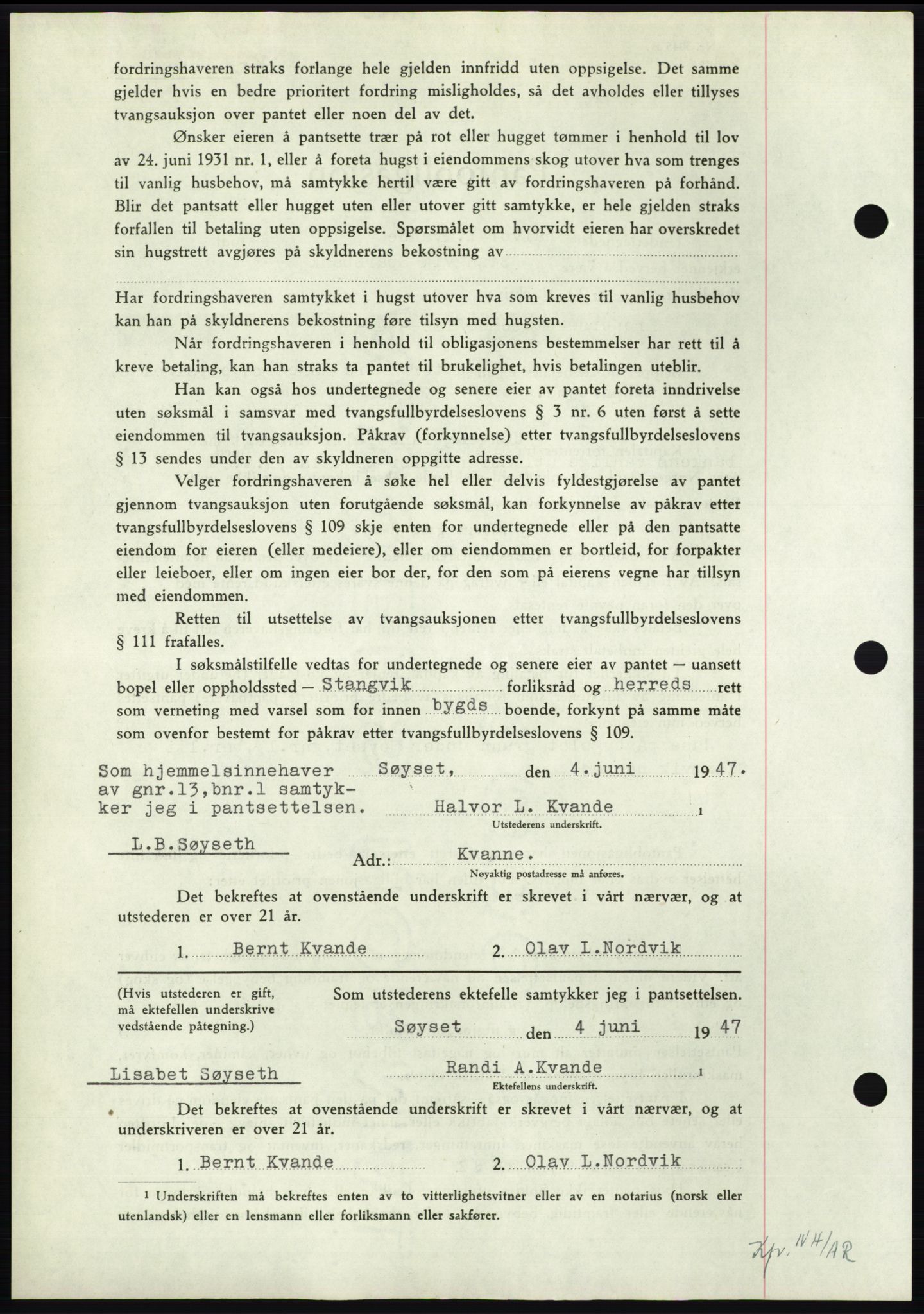 Nordmøre sorenskriveri, AV/SAT-A-4132/1/2/2Ca: Mortgage book no. B96, 1947-1947, Diary no: : 1265/1947