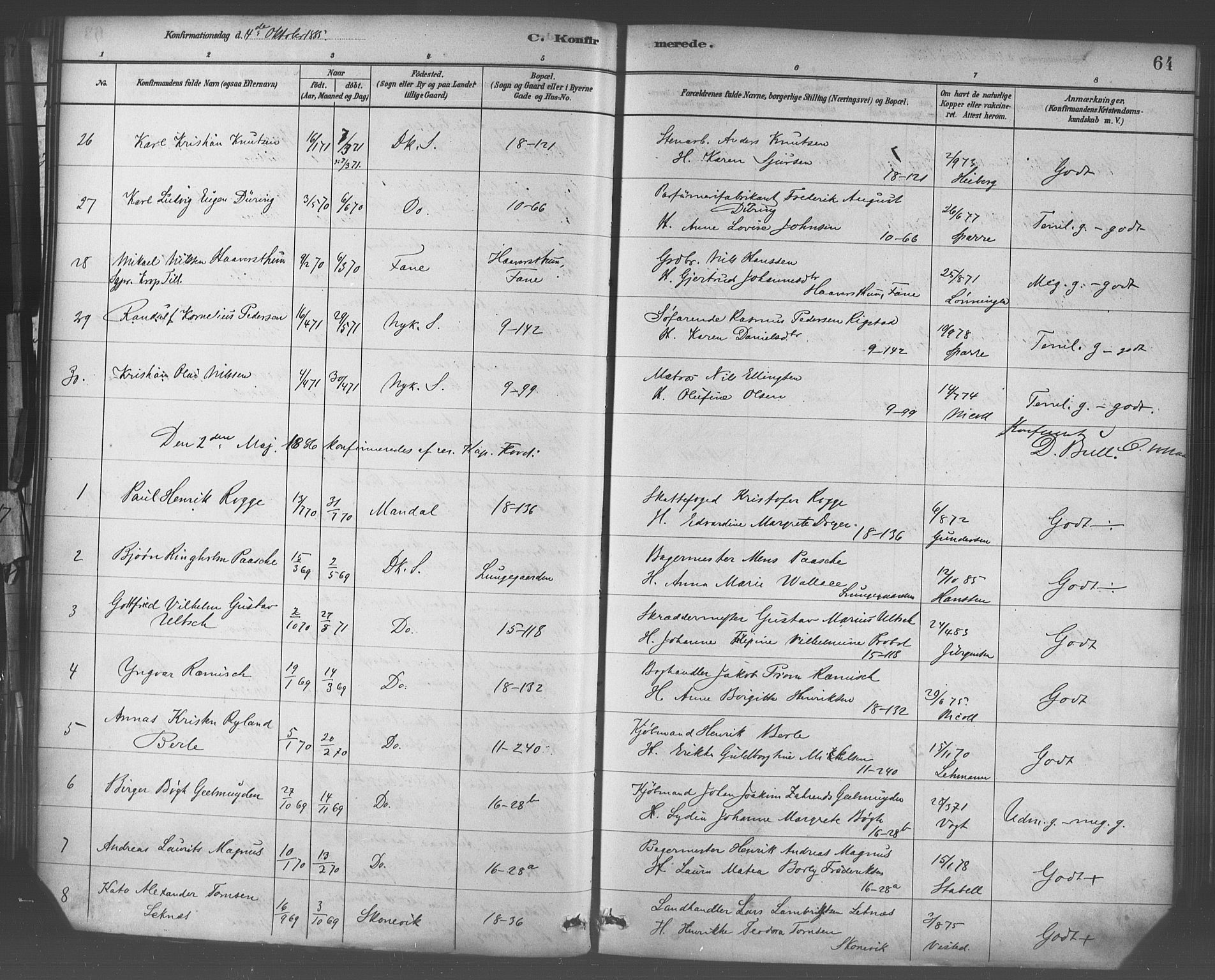 Domkirken sokneprestembete, SAB/A-74801/H/Haa/L0030: Parish register (official) no. C 5, 1880-1898, p. 64