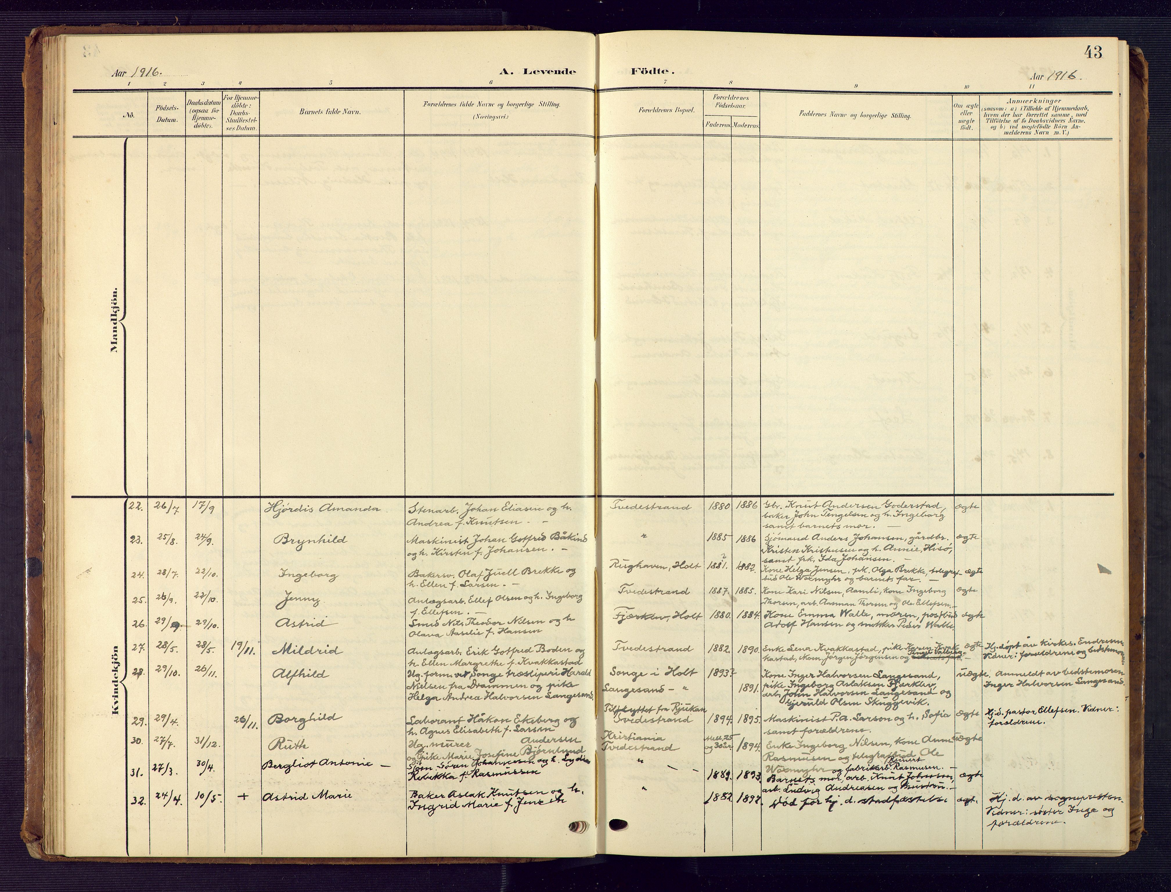 Tvedestrand sokneprestkontor, AV/SAK-1111-0042/F/Fb/L0001: Parish register (copy) no. B 1, 1902-1956, p. 43