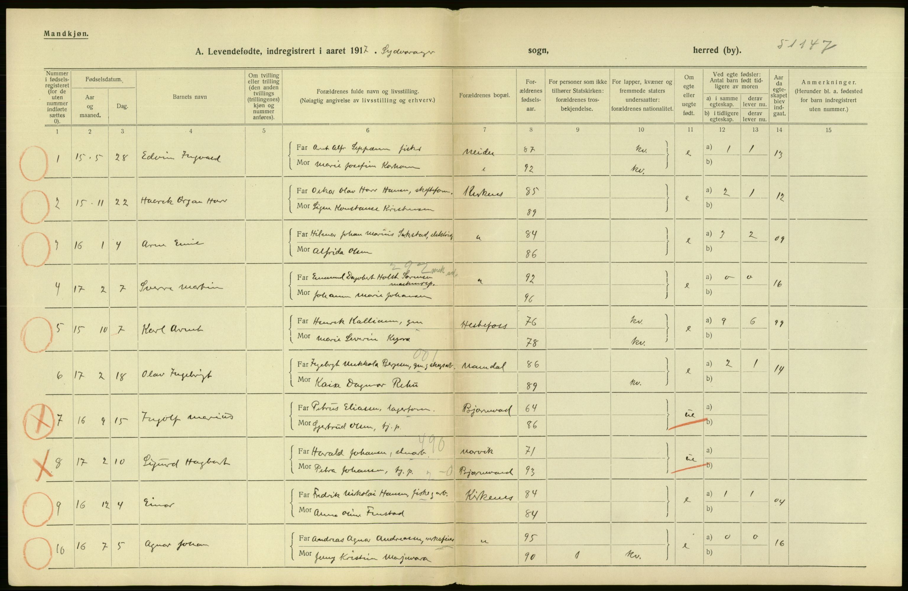 Statistisk sentralbyrå, Sosiodemografiske emner, Befolkning, AV/RA-S-2228/D/Df/Dfb/Dfbg/L0055: Finnmarkens amt: Levendefødte menn og kvinner, gifte, døde, dødfødte. Bygder og byer., 1917, p. 2