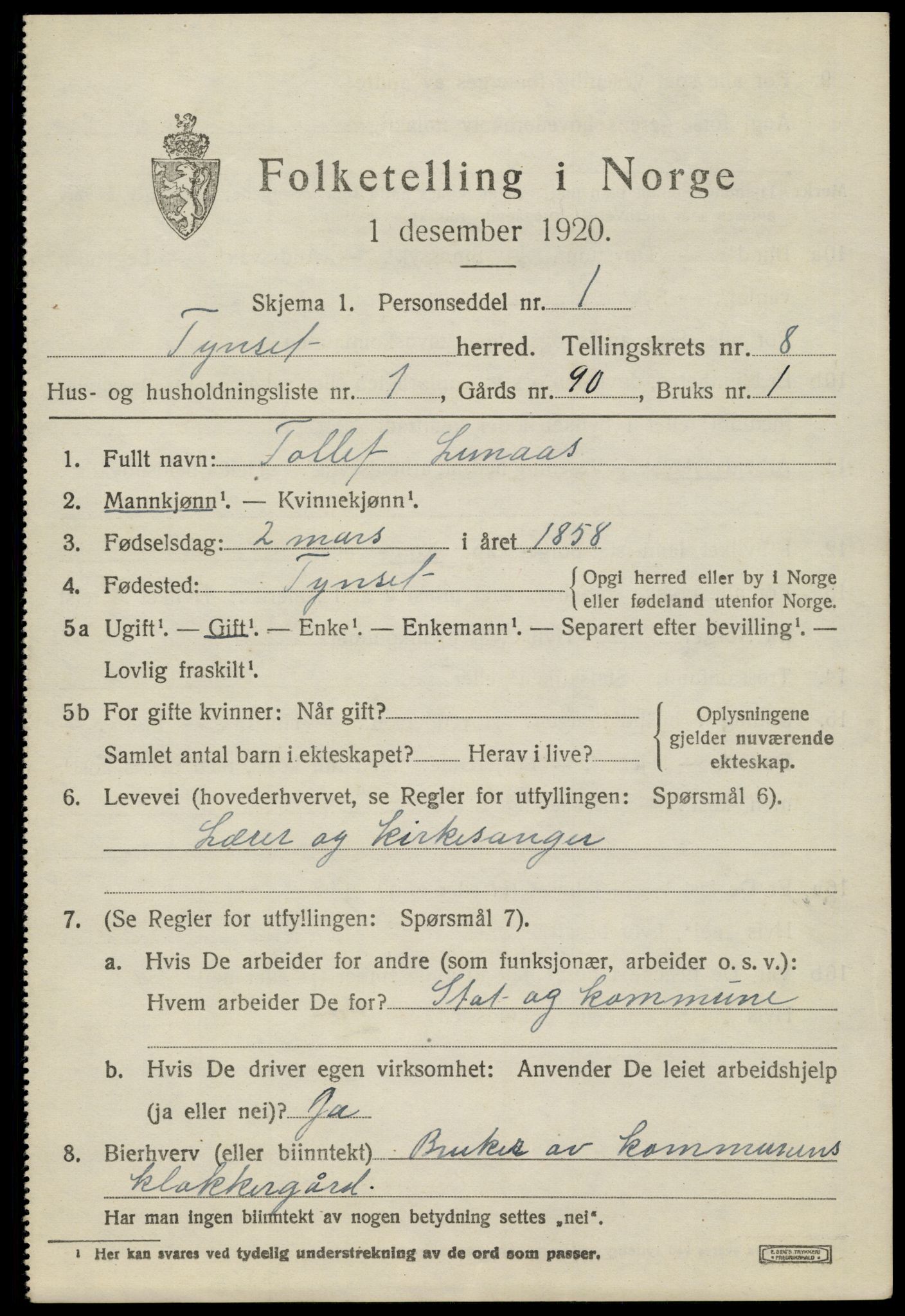 SAH, 1920 census for Tynset, 1920, p. 6544