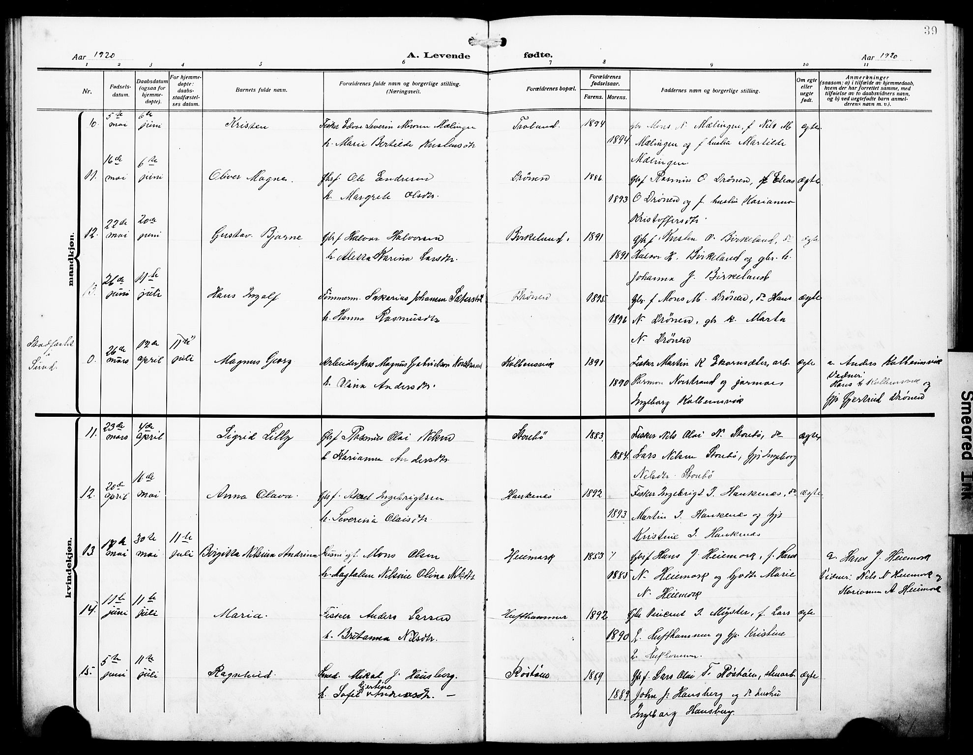Austevoll sokneprestembete, AV/SAB-A-74201/H/Ha/Hab/Haba/L0005: Parish register (copy) no. A 5, 1913-1925, p. 39