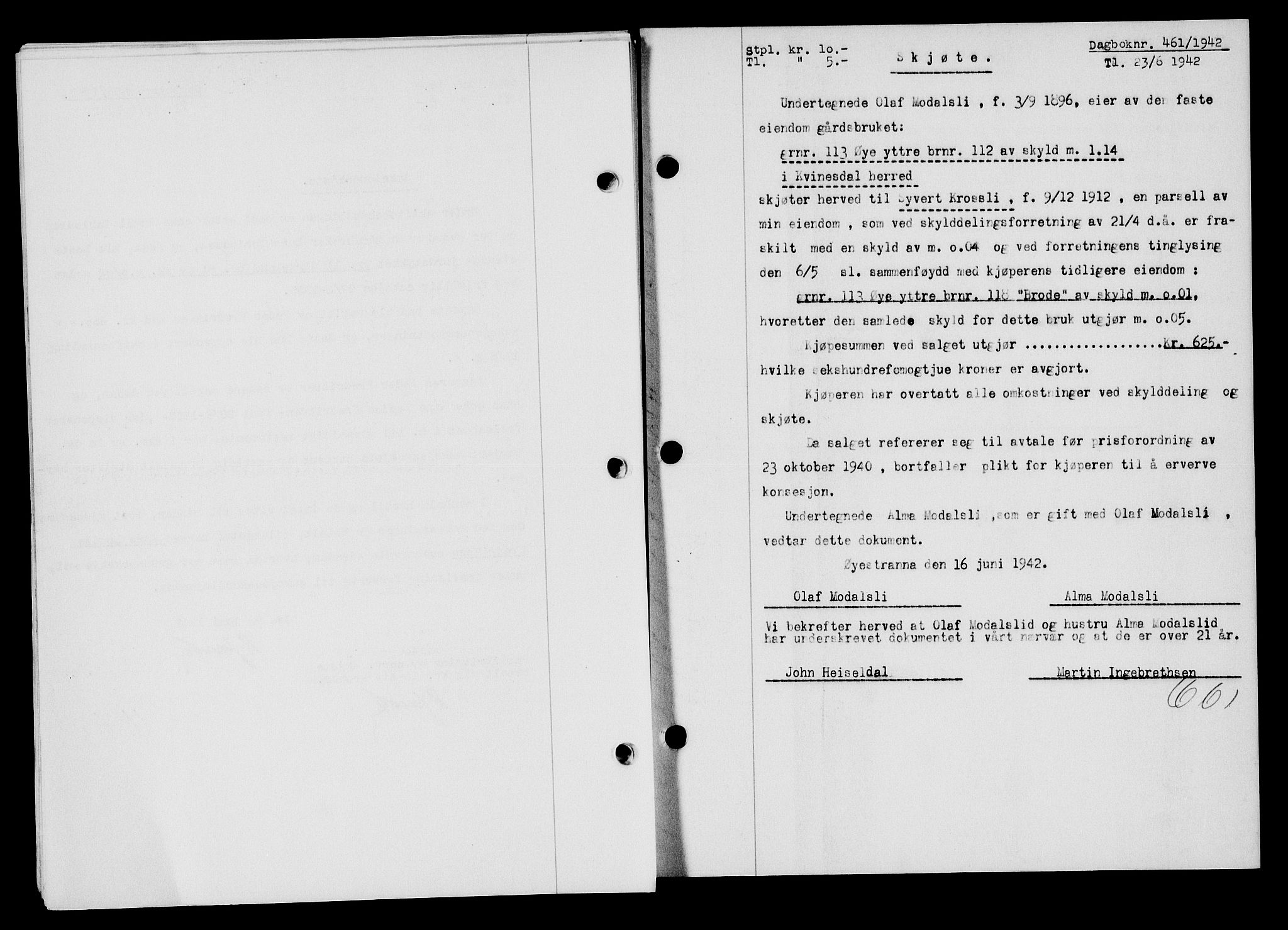 Flekkefjord sorenskriveri, SAK/1221-0001/G/Gb/Gba/L0057: Mortgage book no. A-5, 1941-1942, Diary no: : 461/1942