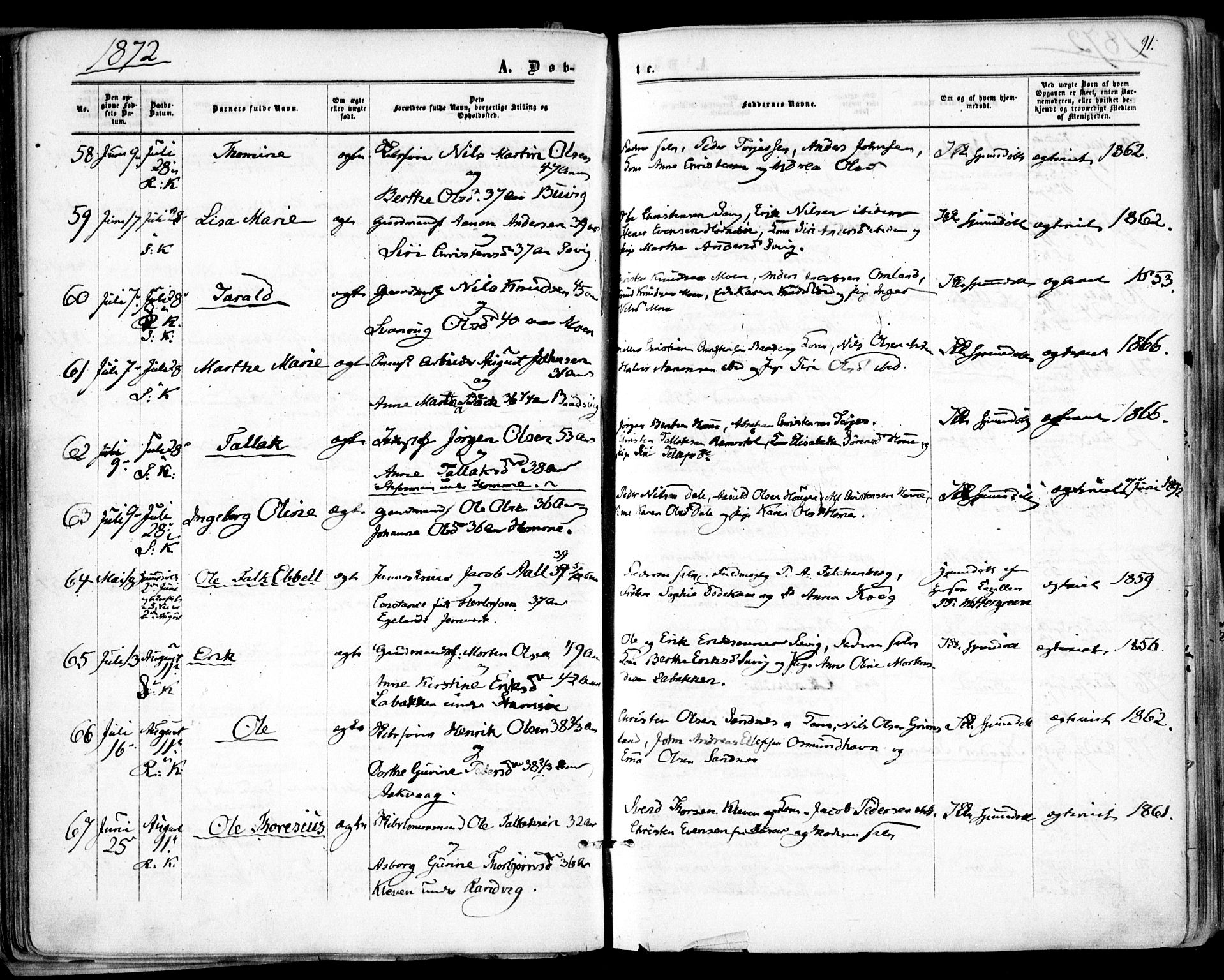 Søndeled sokneprestkontor, AV/SAK-1111-0038/F/Fa/L0003: Parish register (official) no. A 3, 1861-1879, p. 91