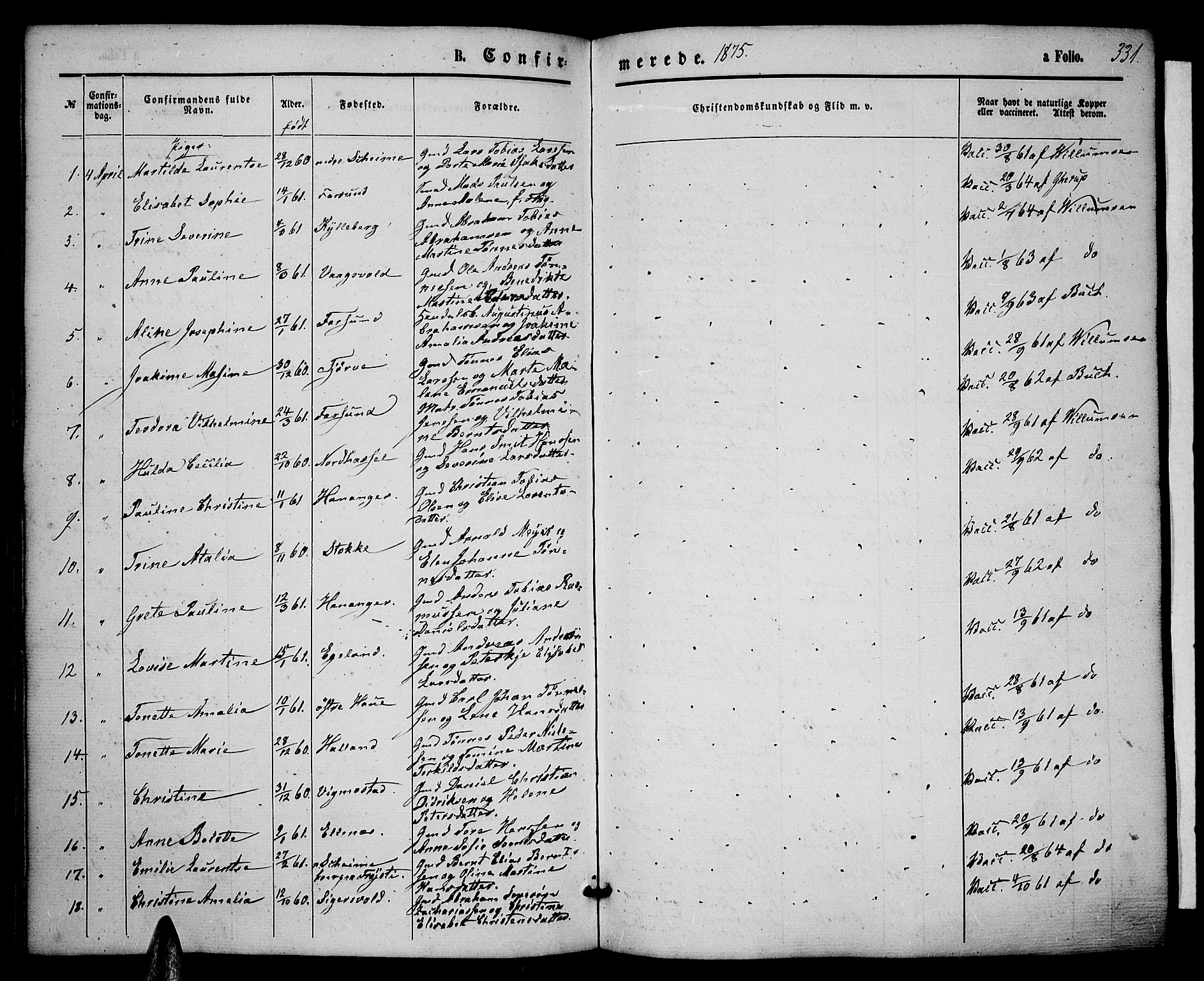 Lista sokneprestkontor, AV/SAK-1111-0027/F/Fb/L0003: Parish register (copy) no. B 3, 1862-1877, p. 331