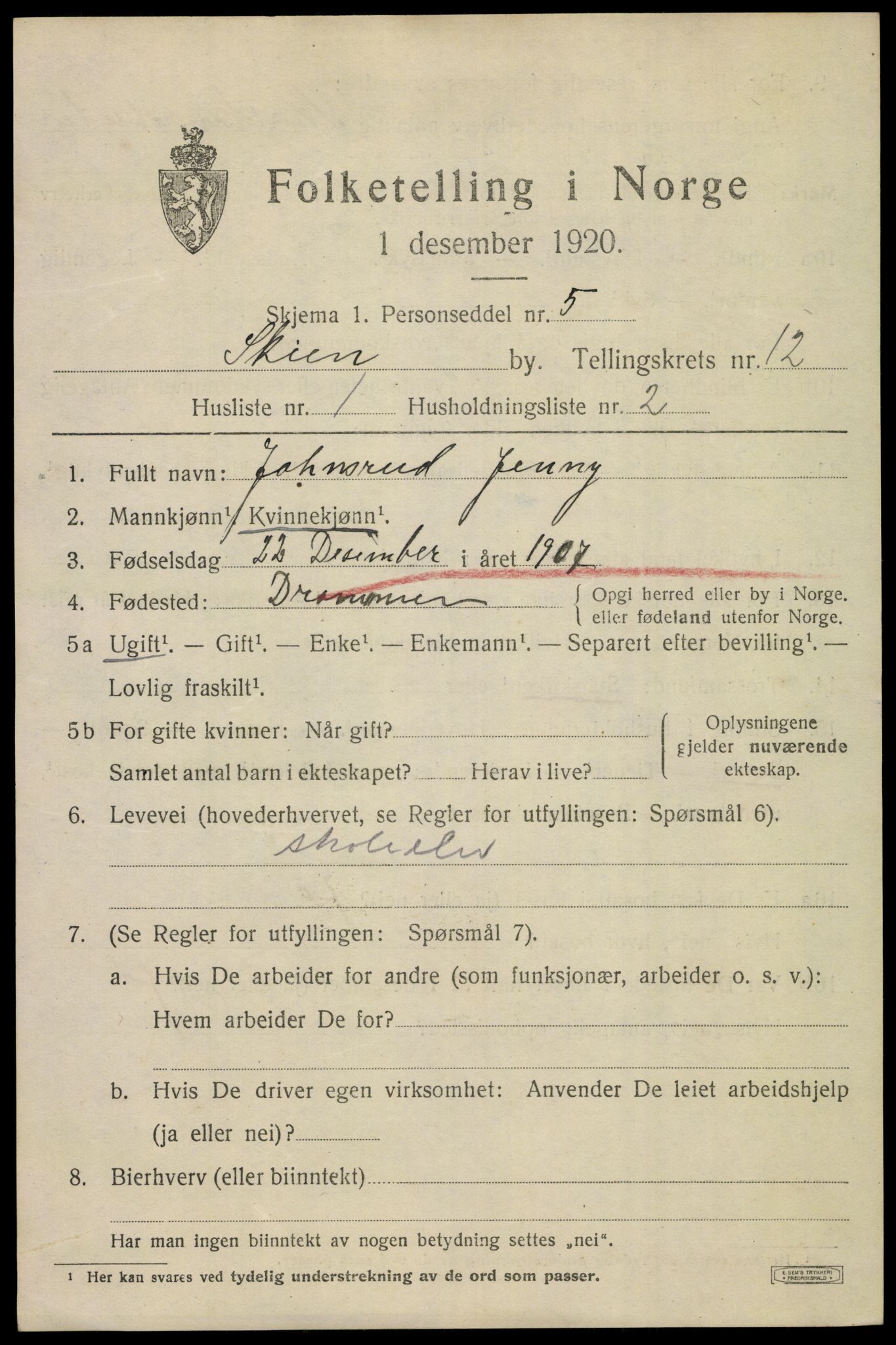 SAKO, 1920 census for Skien, 1920, p. 37320