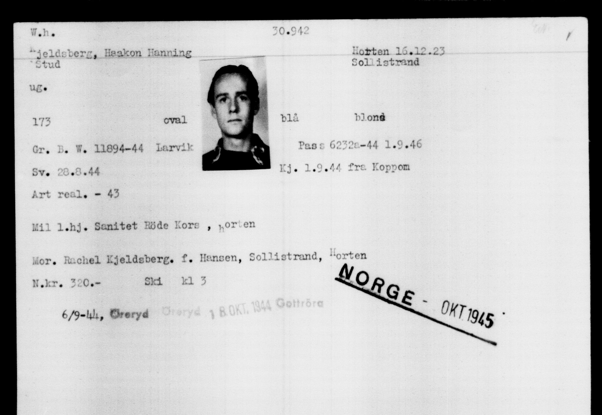 Utenriksstasjonene, Legasjonen i Stockholm, Flyktningkontoret, AV/RA-S-6753/V/Va/L0012: Kjesäterkartoteket, flyktninger med registreringsnr. 28300-31566, 1940-1945, p. 2869