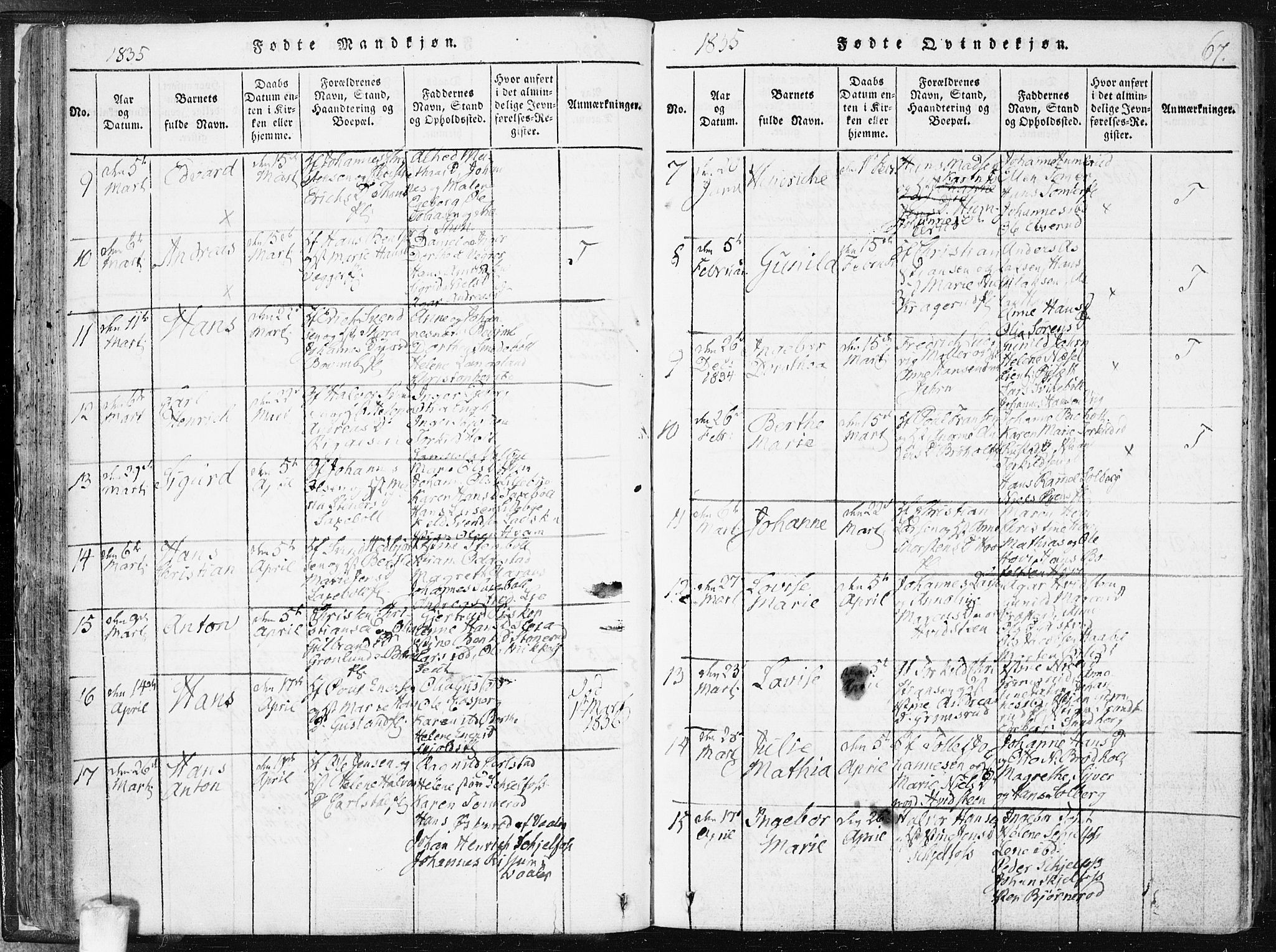 Hobøl prestekontor Kirkebøker, SAO/A-2002/F/Fa/L0002: Parish register (official) no. I 2, 1814-1841, p. 67