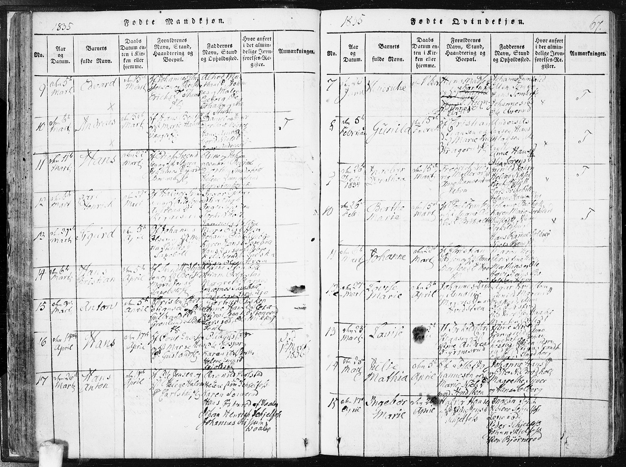 Hobøl prestekontor Kirkebøker, AV/SAO-A-2002/F/Fa/L0002: Parish register (official) no. I 2, 1814-1841, p. 67