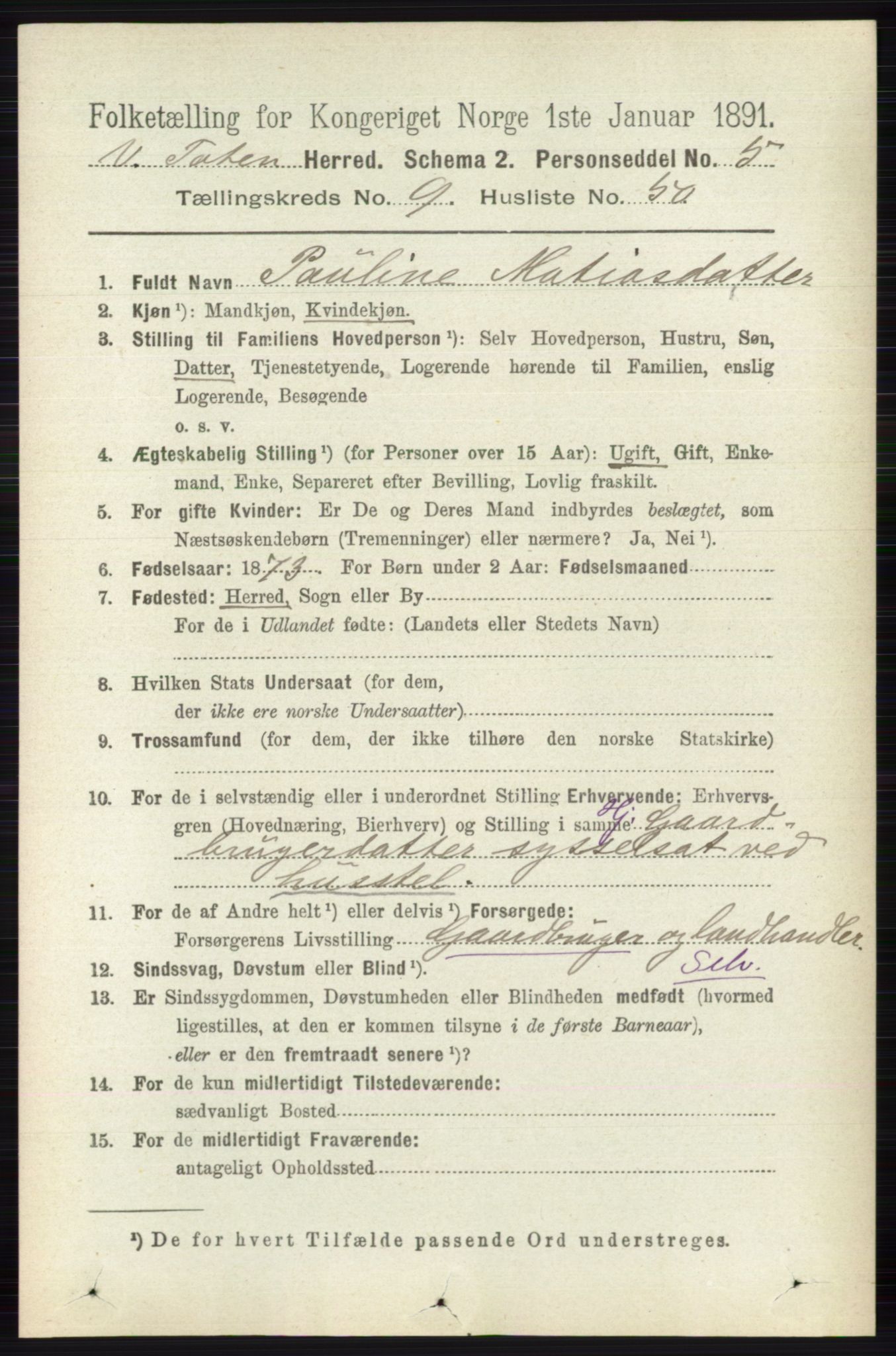 RA, 1891 census for 0529 Vestre Toten, 1891, p. 5873