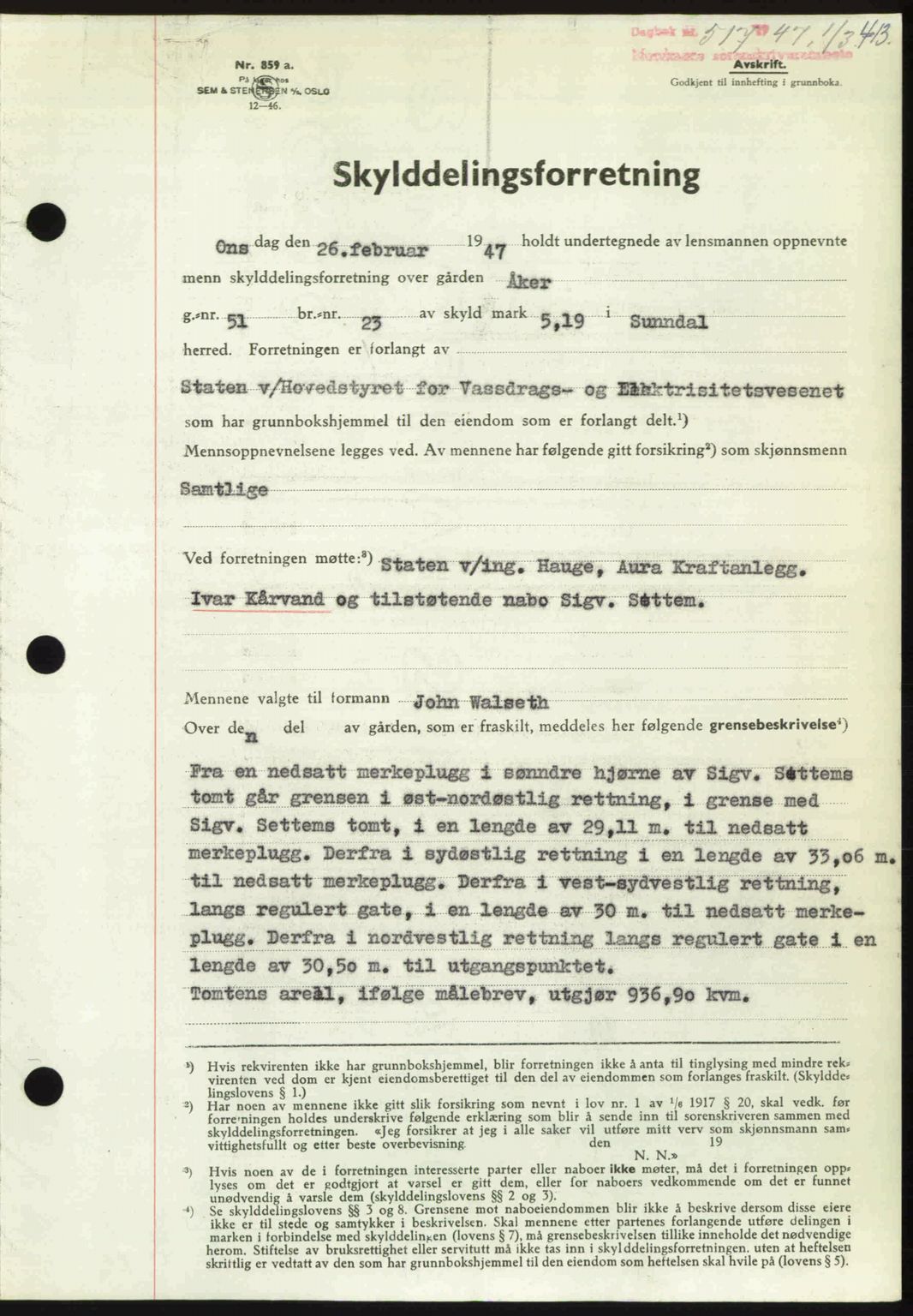 Nordmøre sorenskriveri, AV/SAT-A-4132/1/2/2Ca: Mortgage book no. A104, 1947-1947, Diary no: : 517/1947