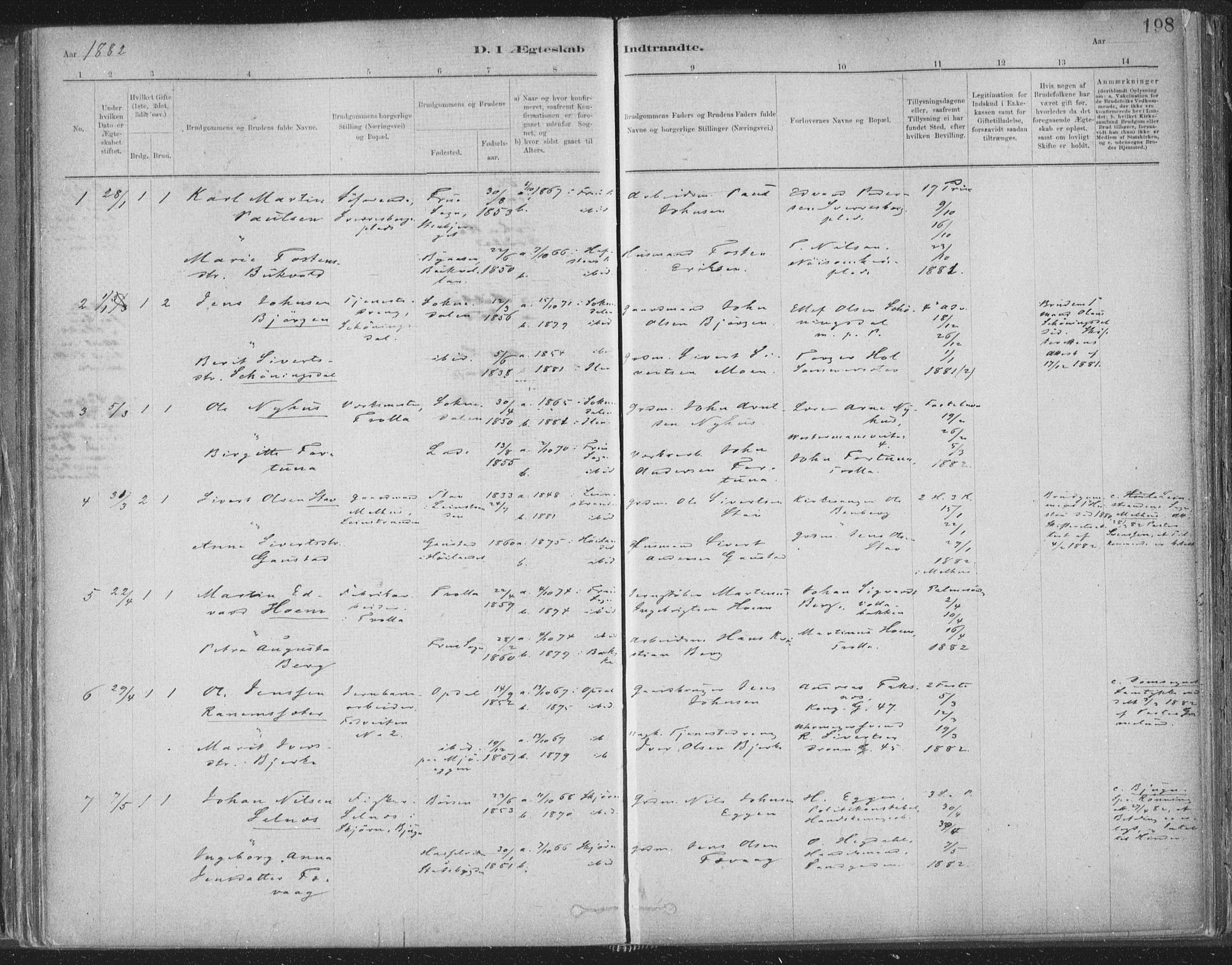 Ministerialprotokoller, klokkerbøker og fødselsregistre - Sør-Trøndelag, SAT/A-1456/603/L0162: Parish register (official) no. 603A01, 1879-1895, p. 198