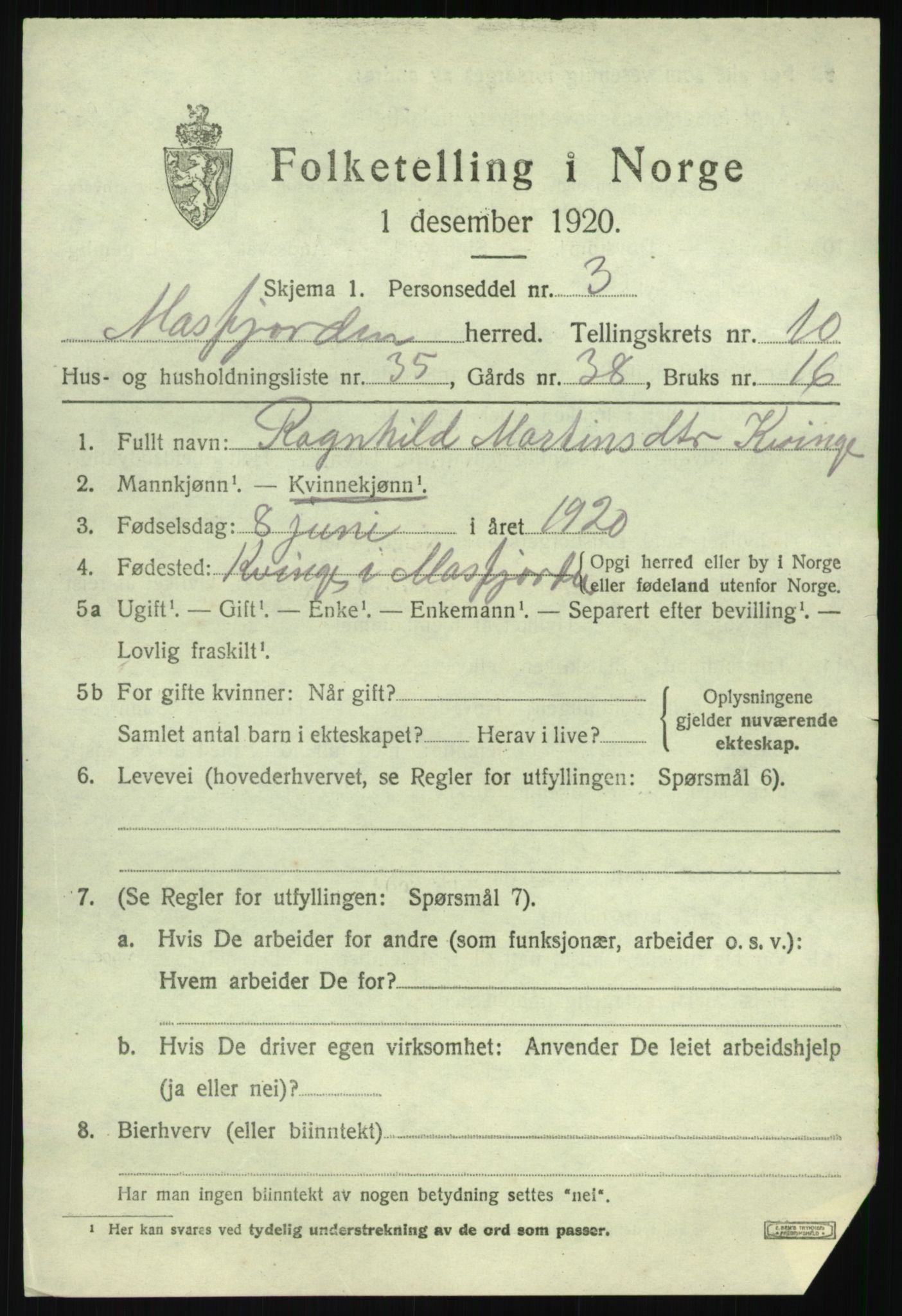 SAB, 1920 census for Masfjorden, 1920, p. 4119