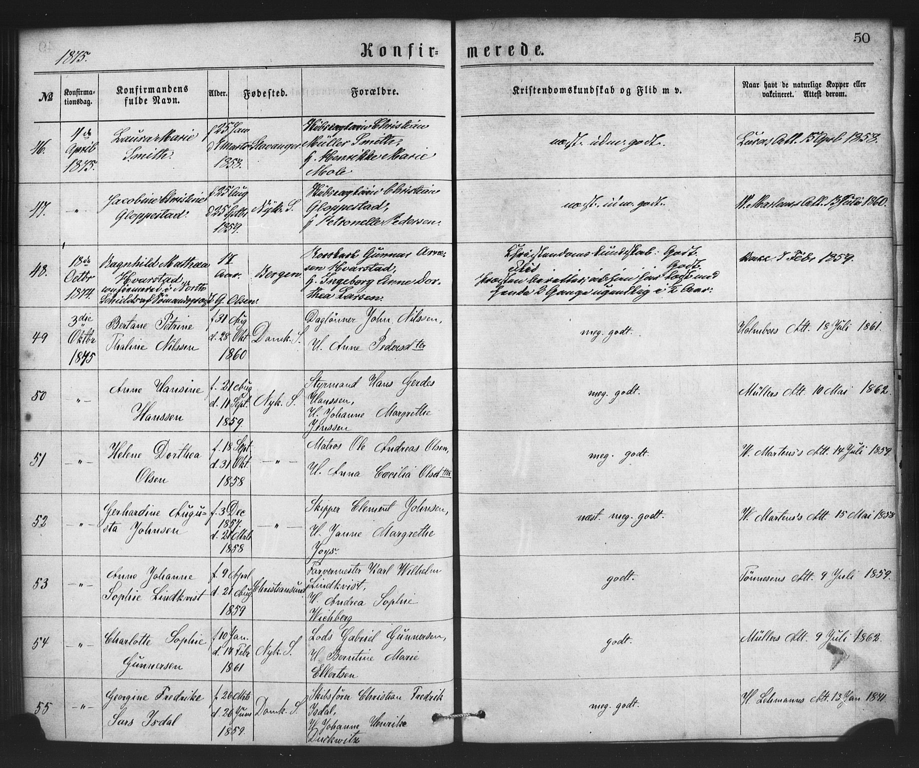 Nykirken Sokneprestembete, SAB/A-77101/H/Haa/L0026: Parish register (official) no. C 5, 1870-1886, p. 50