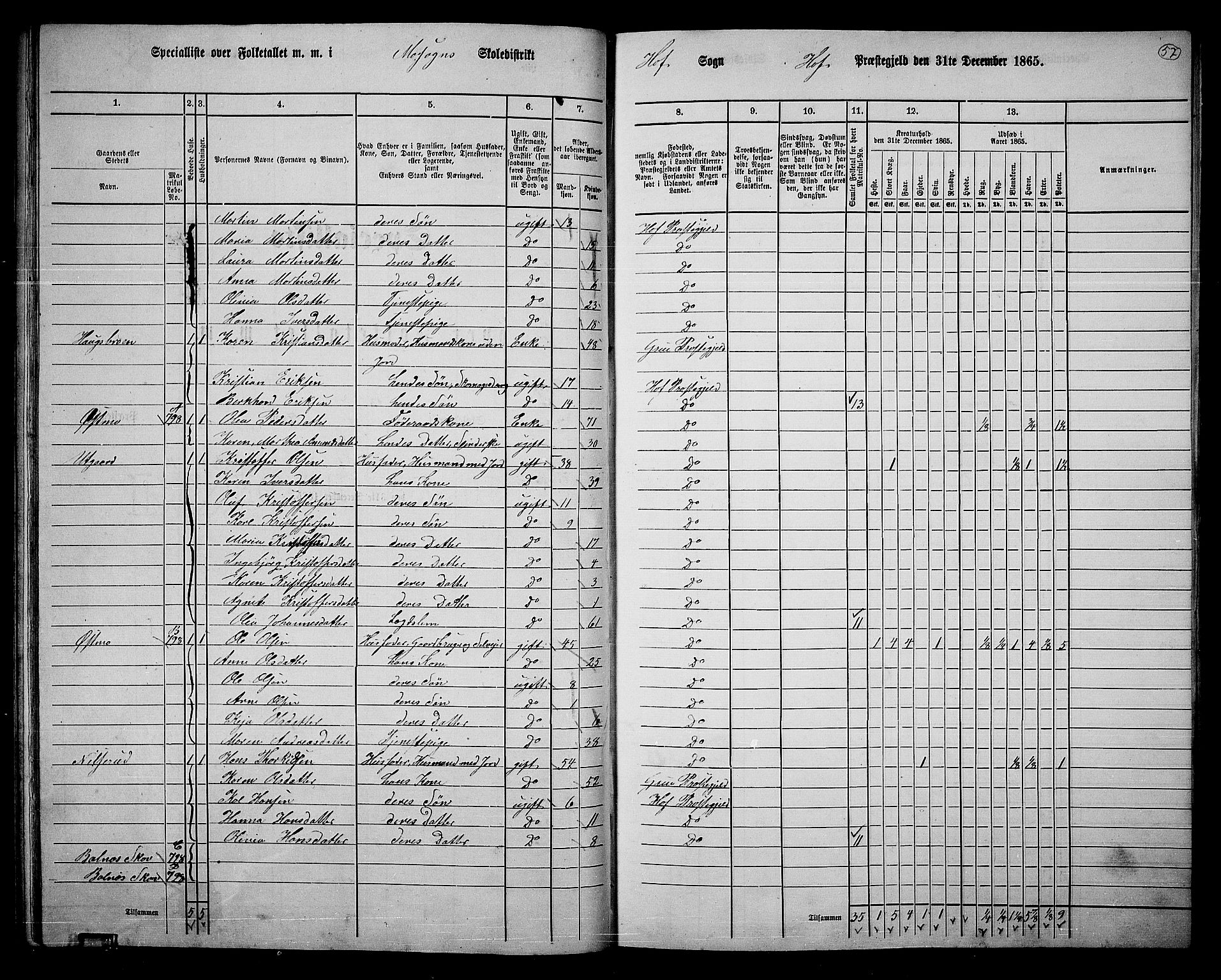 RA, 1865 census for Hof, 1865, p. 53