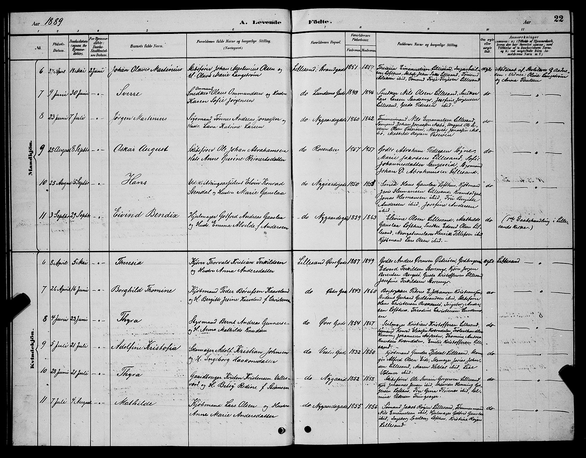 Vestre Moland sokneprestkontor, AV/SAK-1111-0046/F/Fb/Fba/L0001: Parish register (copy) no. B 1, 1884-1903, p. 22