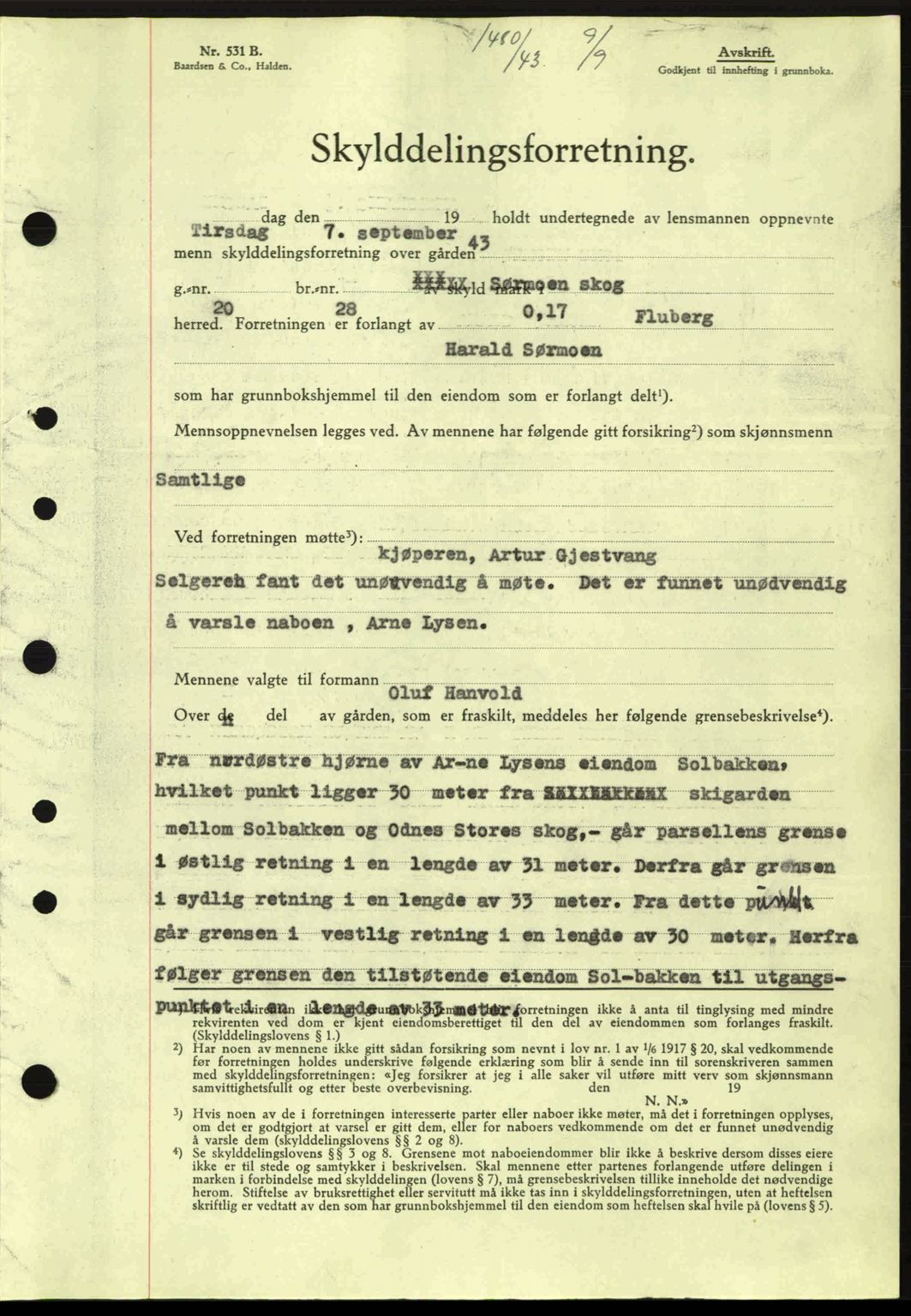 Hadeland og Land tingrett, AV/SAH-TING-010/H/Hb/Hbb/L0085: Mortgage book no. A85, 1943-1943, Diary no: : 1480/1943