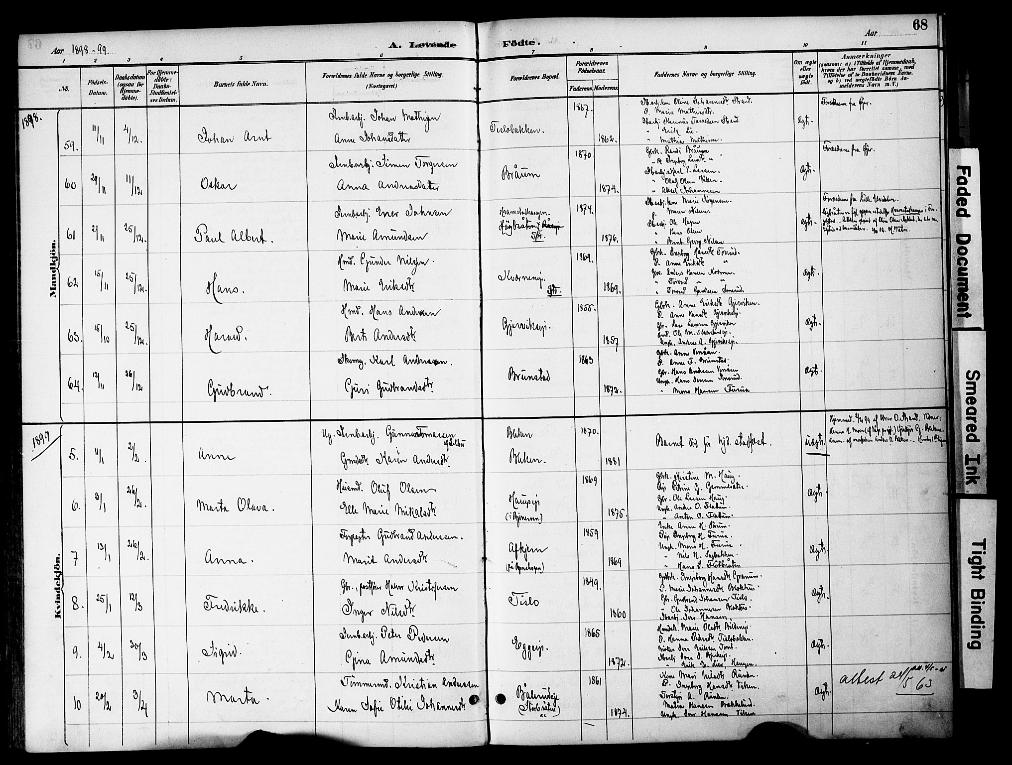 Gran prestekontor, SAH/PREST-112/H/Ha/Haa/L0020: Parish register (official) no. 20, 1889-1899, p. 68