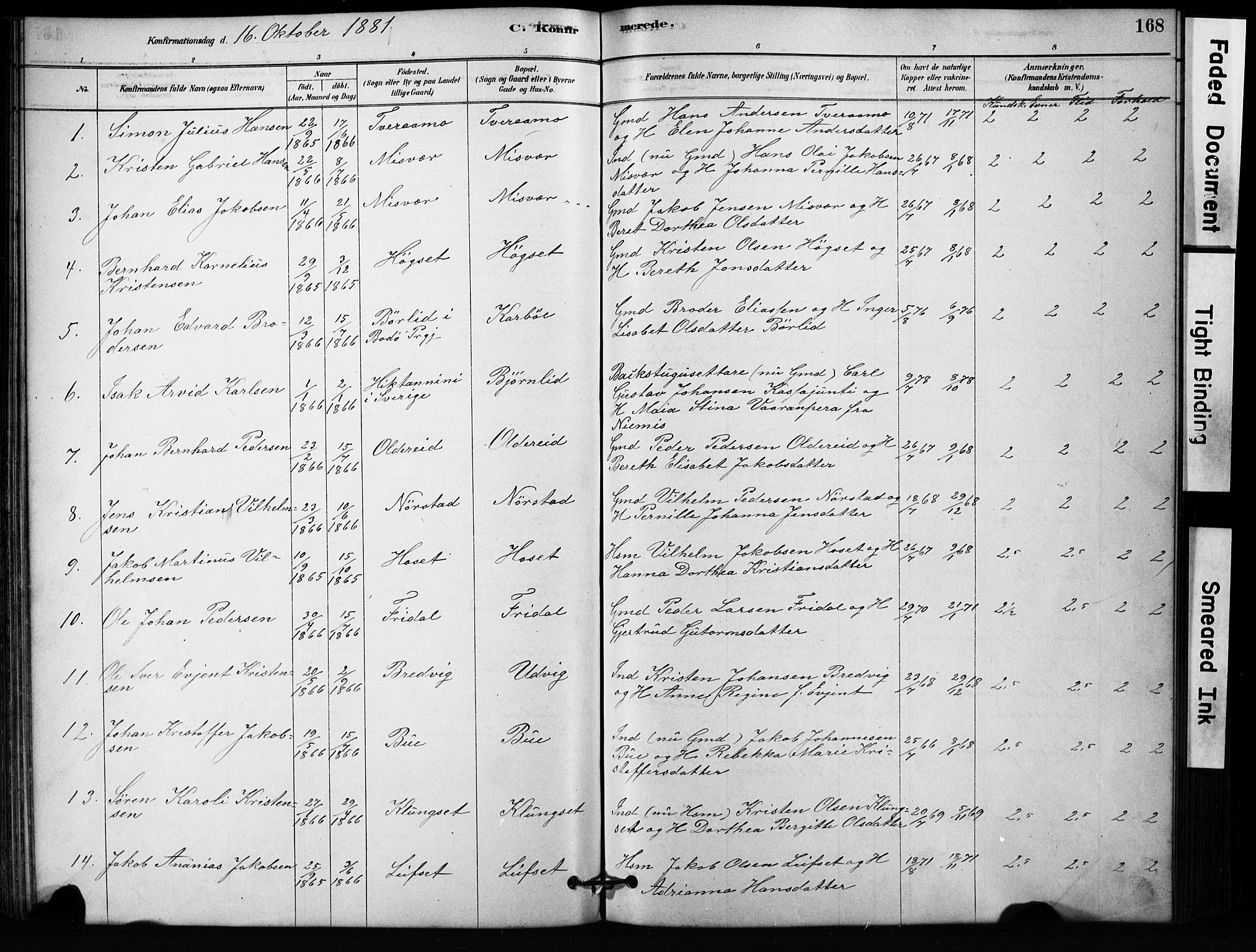 Ministerialprotokoller, klokkerbøker og fødselsregistre - Nordland, AV/SAT-A-1459/852/L0754: Parish register (copy) no. 852C05, 1878-1894, p. 168