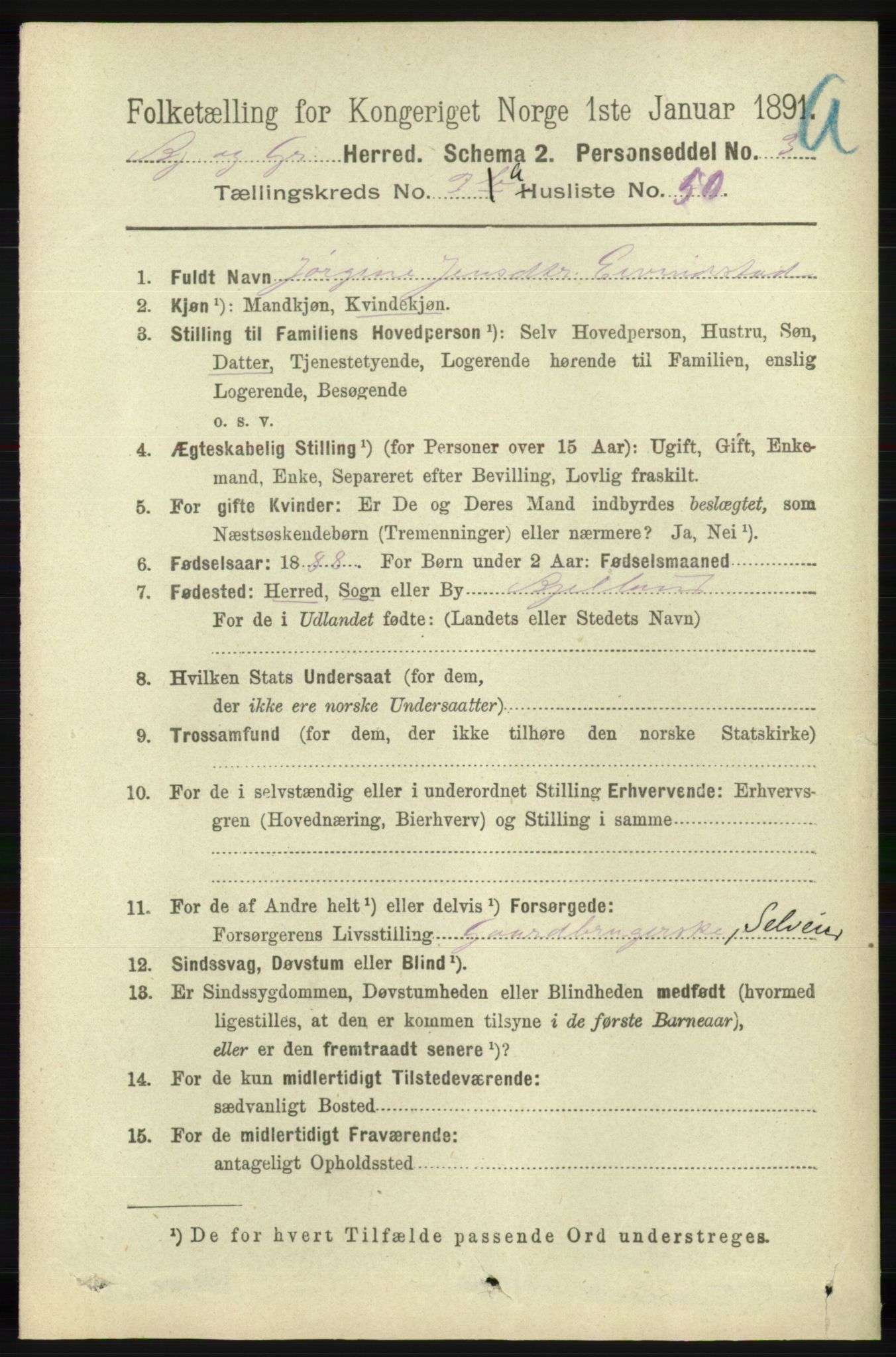 RA, 1891 census for 1024 Bjelland og Grindheim, 1891, p. 1746