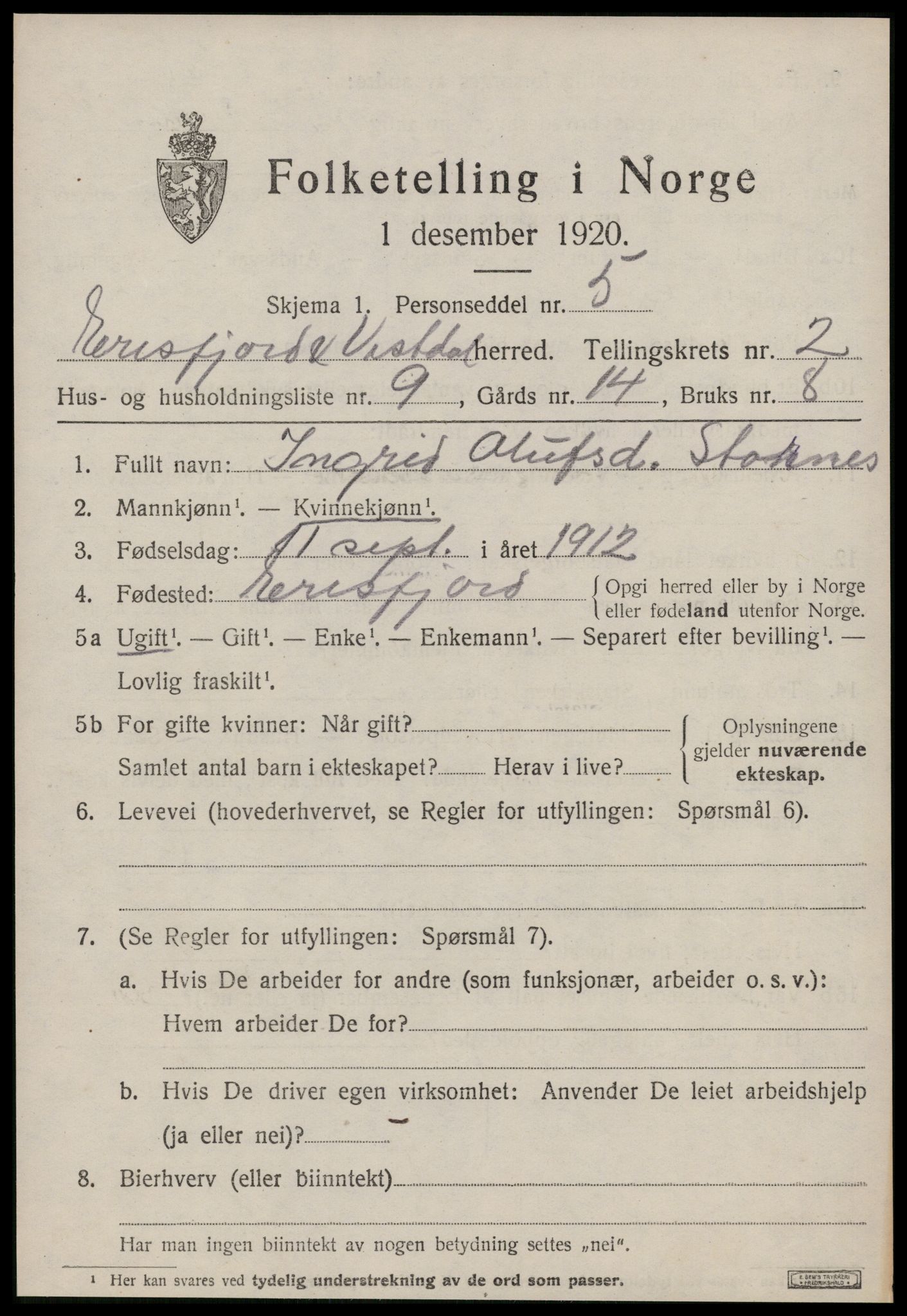 SAT, 1920 census for Eresfjord og Vistdal, 1920, p. 1033