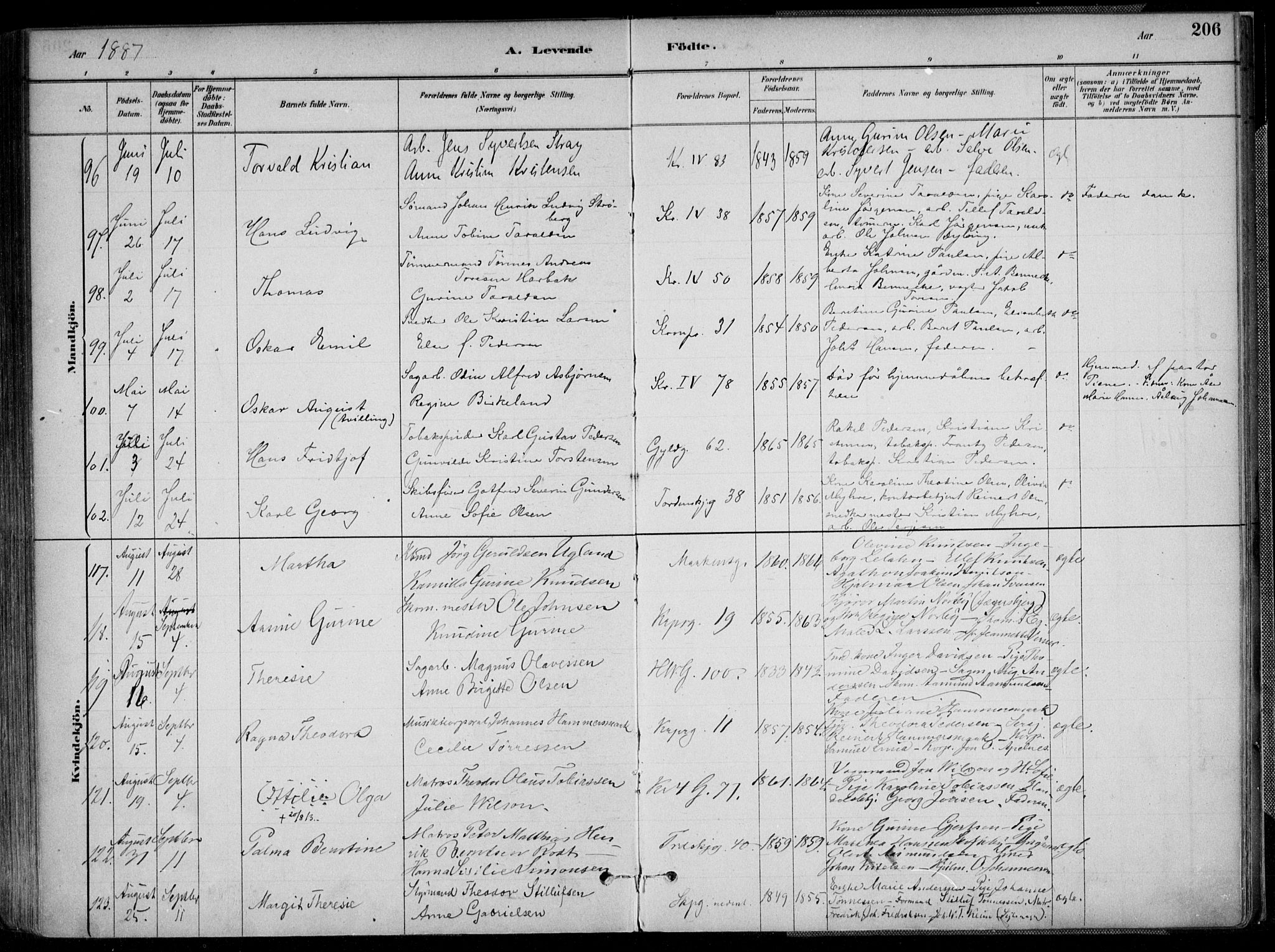 Kristiansand domprosti, SAK/1112-0006/F/Fa/L0016: Parish register (official) no. A 16A, 1880-1890, p. 206