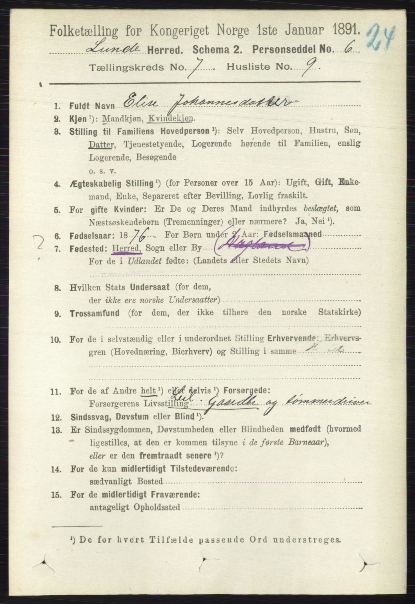 RA, 1891 census for 0820 Lunde, 1891, p. 2258