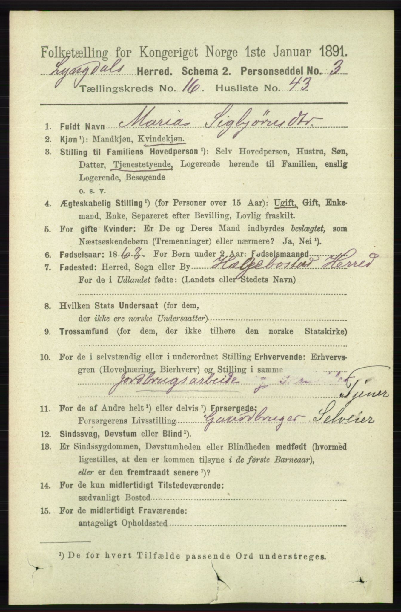 RA, 1891 census for 1032 Lyngdal, 1891, p. 6473