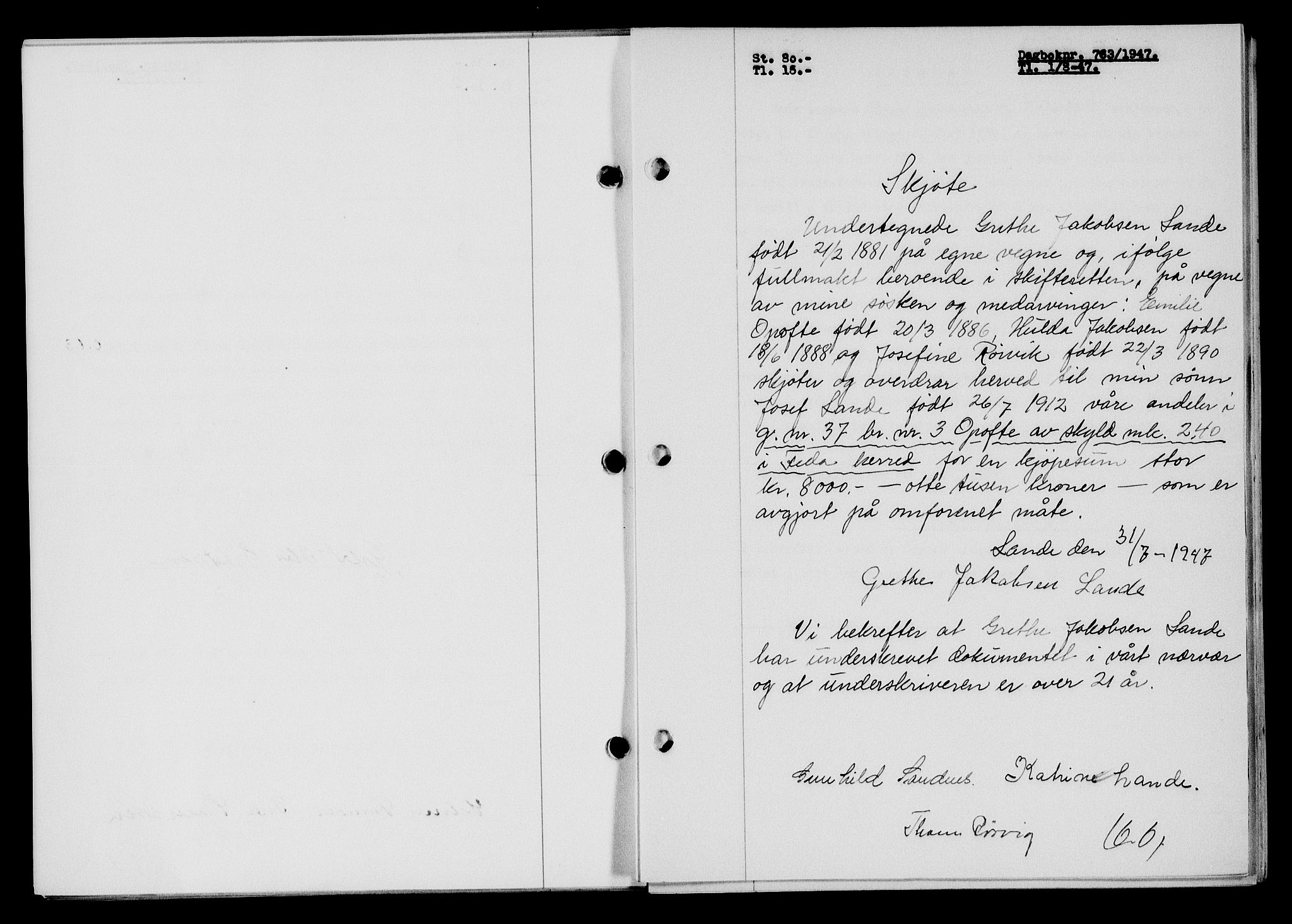 Flekkefjord sorenskriveri, SAK/1221-0001/G/Gb/Gba/L0062: Mortgage book no. A-10, 1947-1947, Diary no: : 763/1947