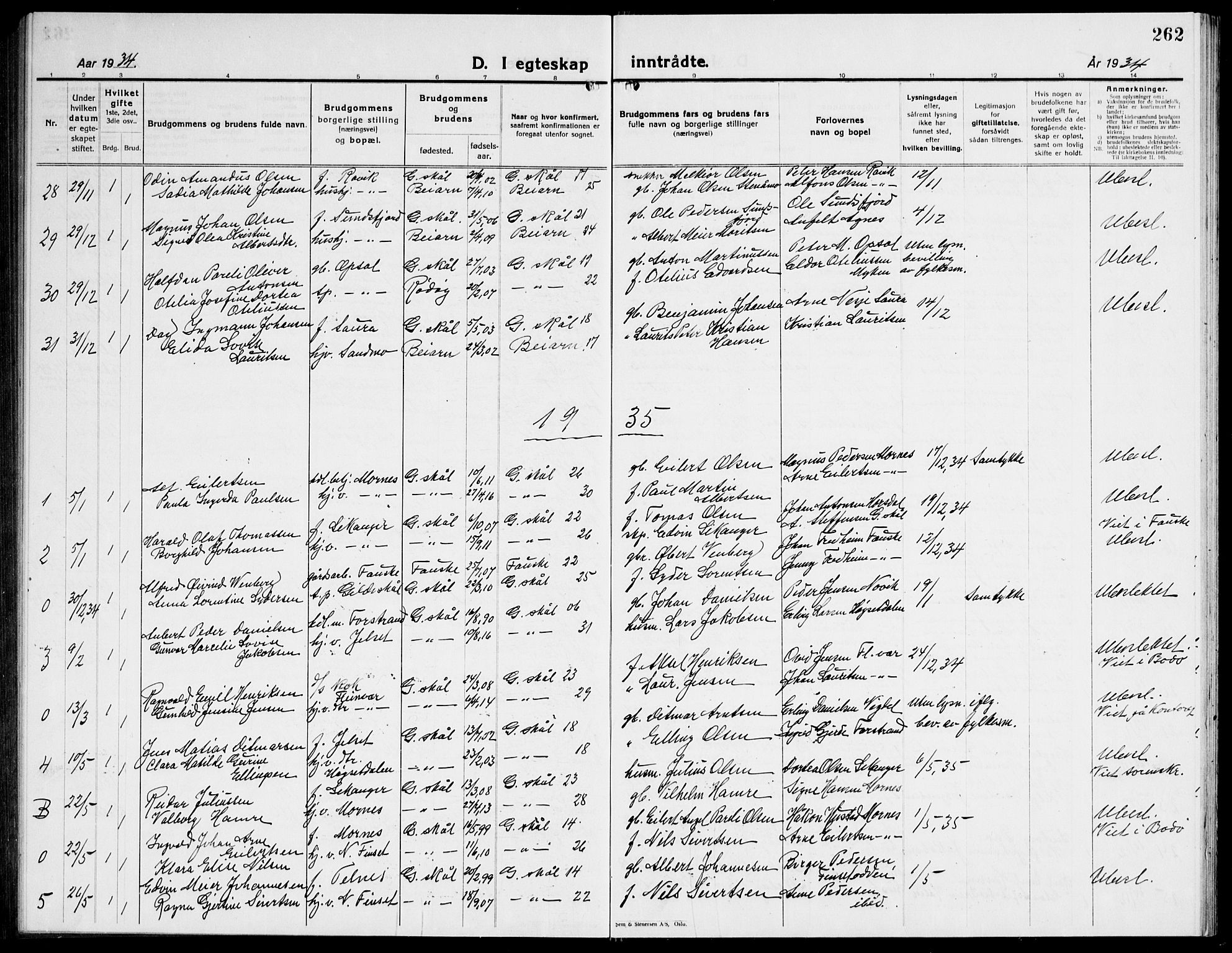 Ministerialprotokoller, klokkerbøker og fødselsregistre - Nordland, AV/SAT-A-1459/805/L0111: Parish register (copy) no. 805C07, 1925-1943, p. 262