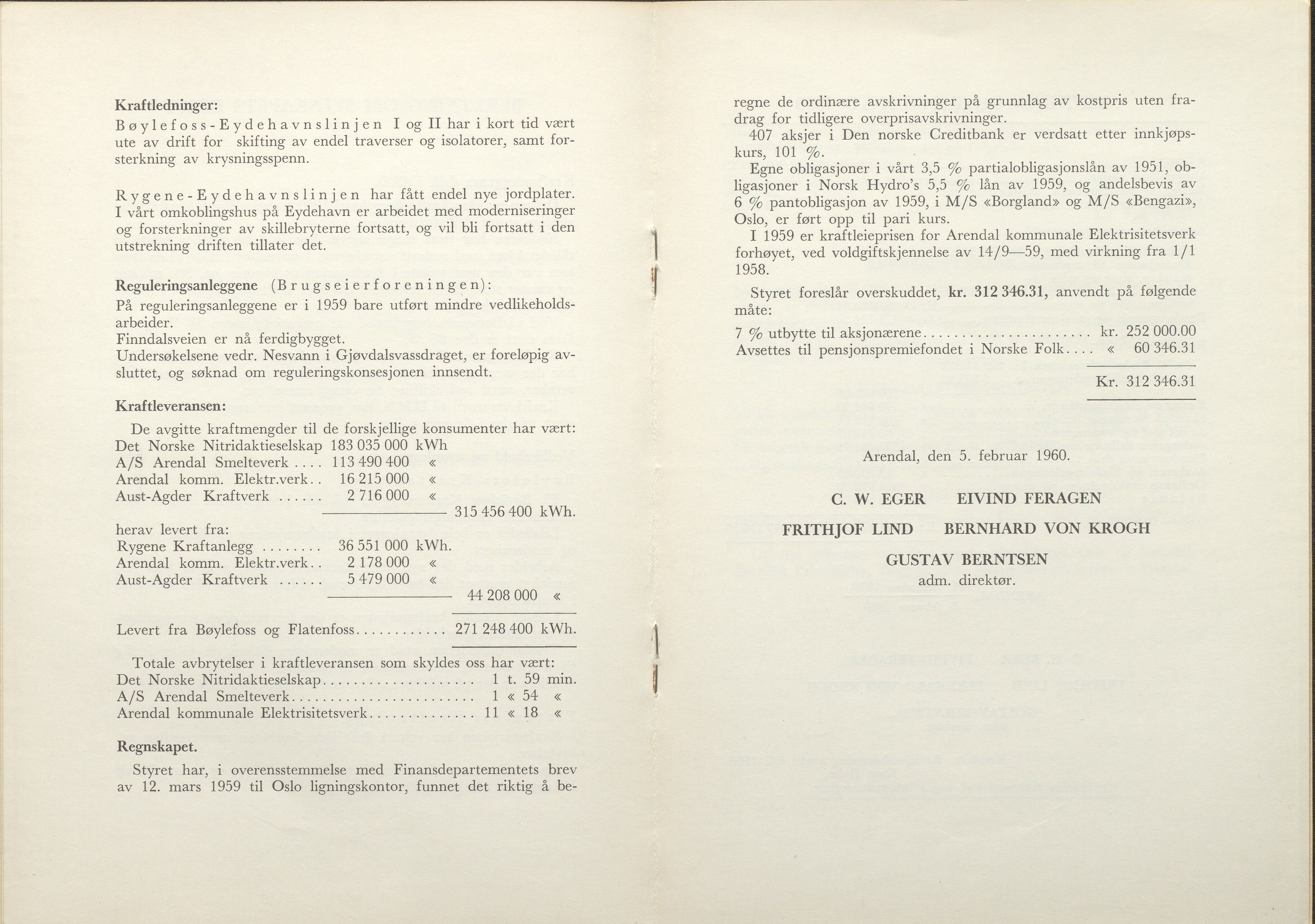 Arendals Fossekompani, AAKS/PA-2413/X/X01/L0001/0012: Beretninger, regnskap, balansekonto, gevinst- og tapskonto / Beretning, regnskap 1945 - 1962, 1945-1962, p. 89