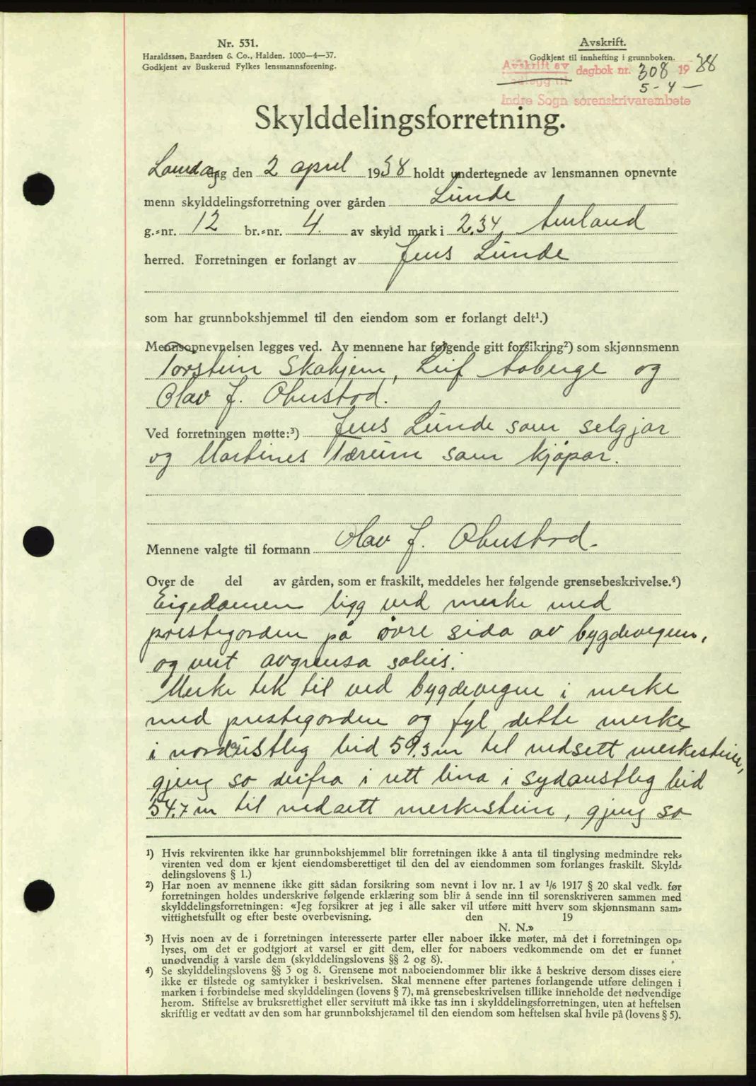 Indre Sogn tingrett, AV/SAB-A-3301/1/G/Gb/Gbb/L0001: Mortgage book no. A1, 1937-1938, Diary no: : 308/1938