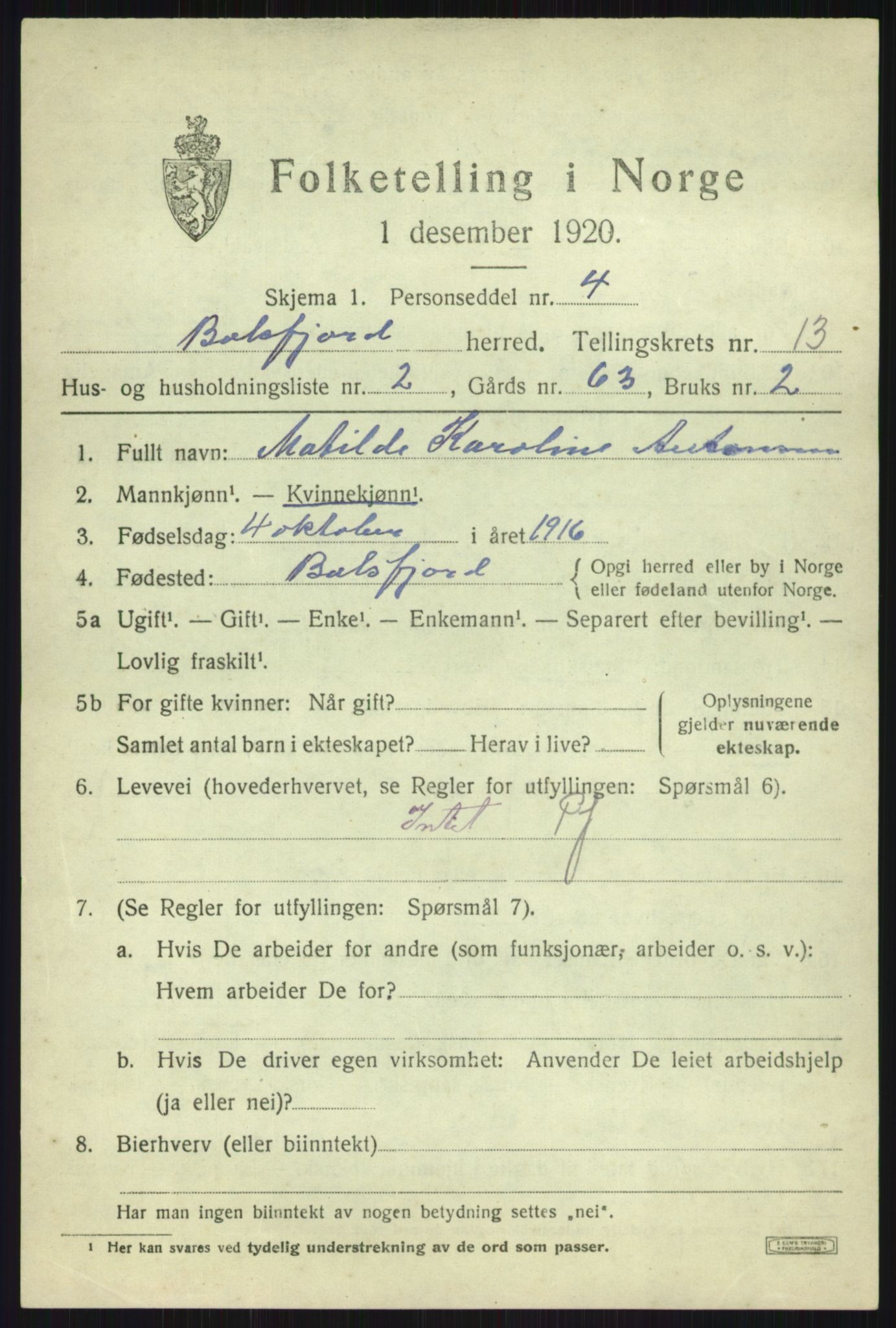 SATØ, 1920 census for Balsfjord, 1920, p. 7612