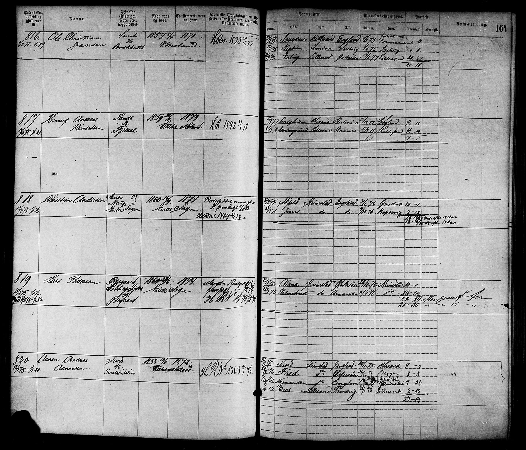 Lillesand mønstringskrets, SAK/2031-0014/F/Fa/L0004: Annotasjonsrulle nr 1-1920 med register, G-1, 1869-1891, p. 189