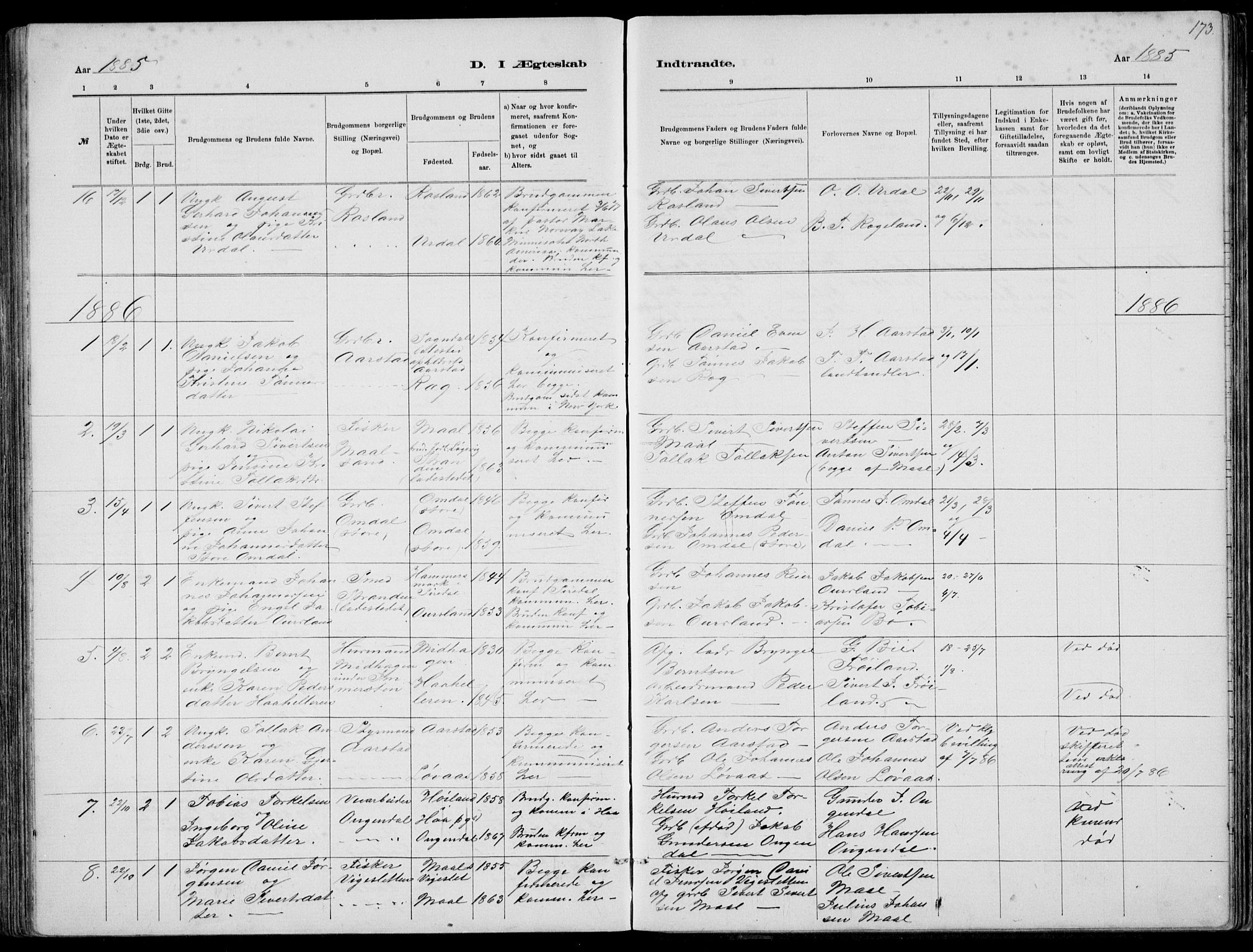 Sokndal sokneprestkontor, AV/SAST-A-101808: Parish register (copy) no. B 4, 1880-1891, p. 173