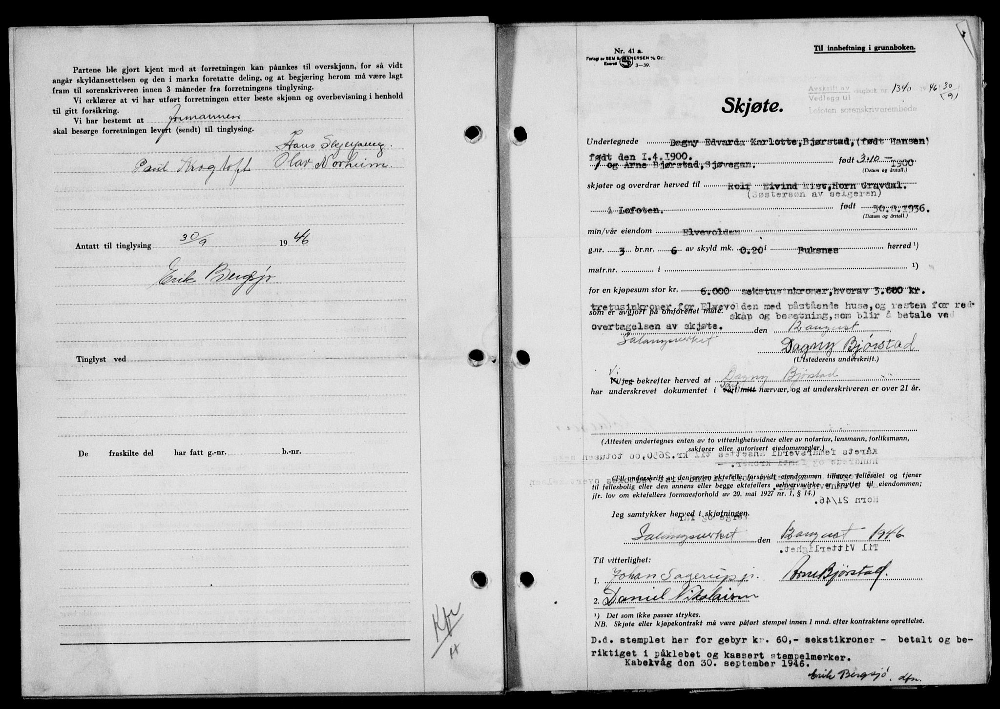 Lofoten sorenskriveri, SAT/A-0017/1/2/2C/L0014a: Mortgage book no. 14a, 1946-1946, Diary no: : 1340/1946