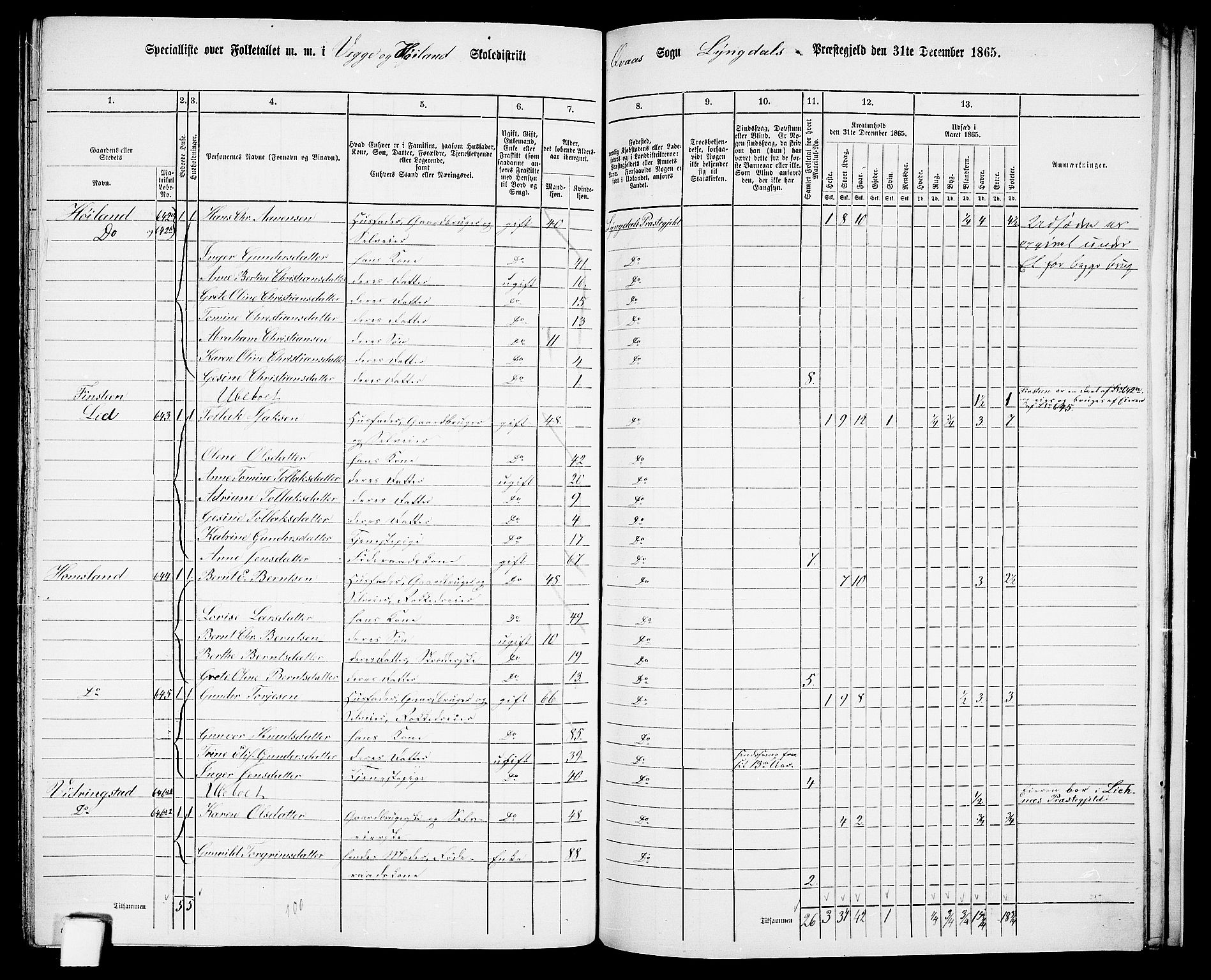 RA, 1865 census for Lyngdal, 1865, p. 230