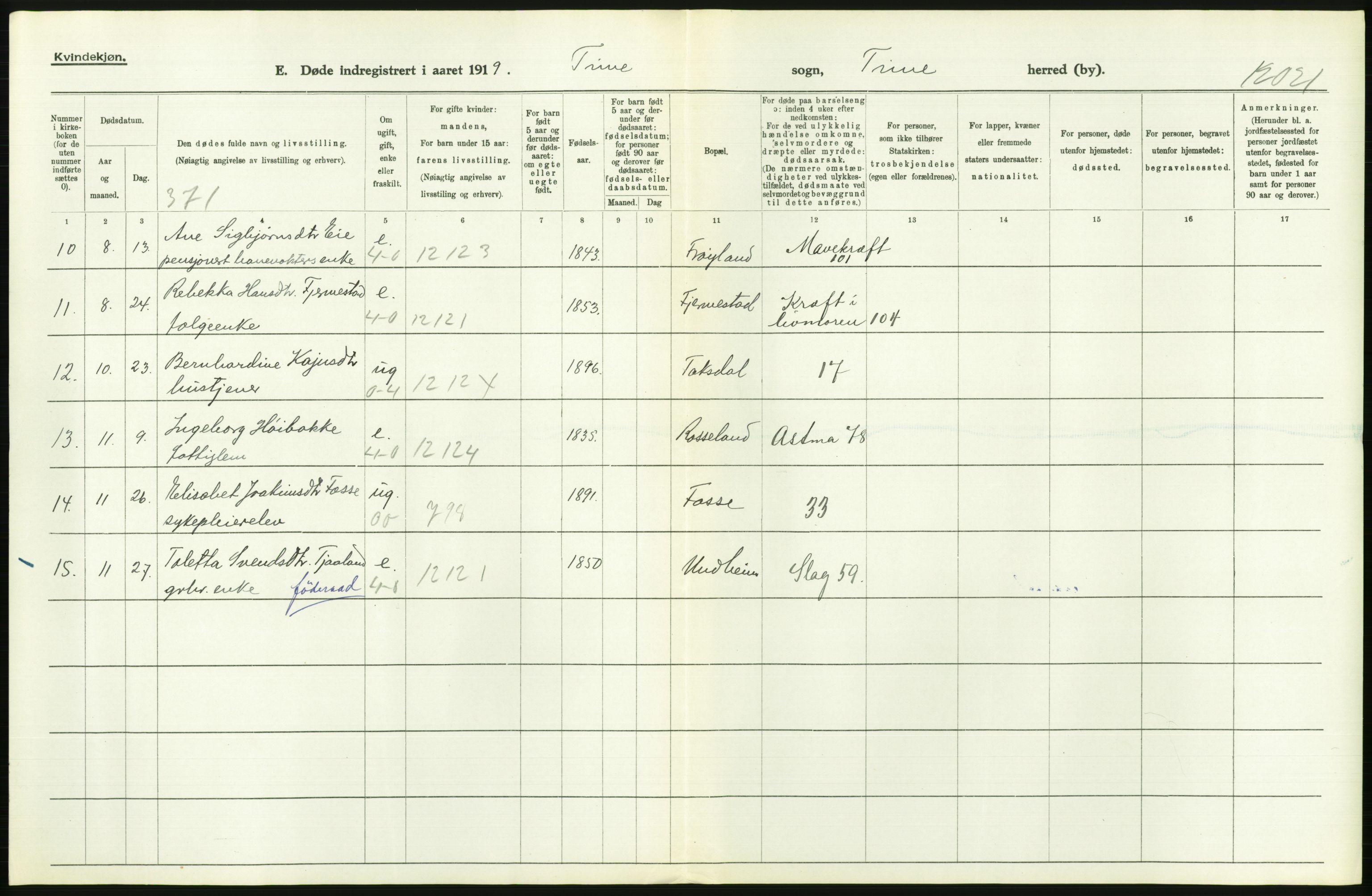 Statistisk sentralbyrå, Sosiodemografiske emner, Befolkning, RA/S-2228/D/Df/Dfb/Dfbi/L0030: Rogaland fylke: Døde. Bygder og byer., 1919, p. 228