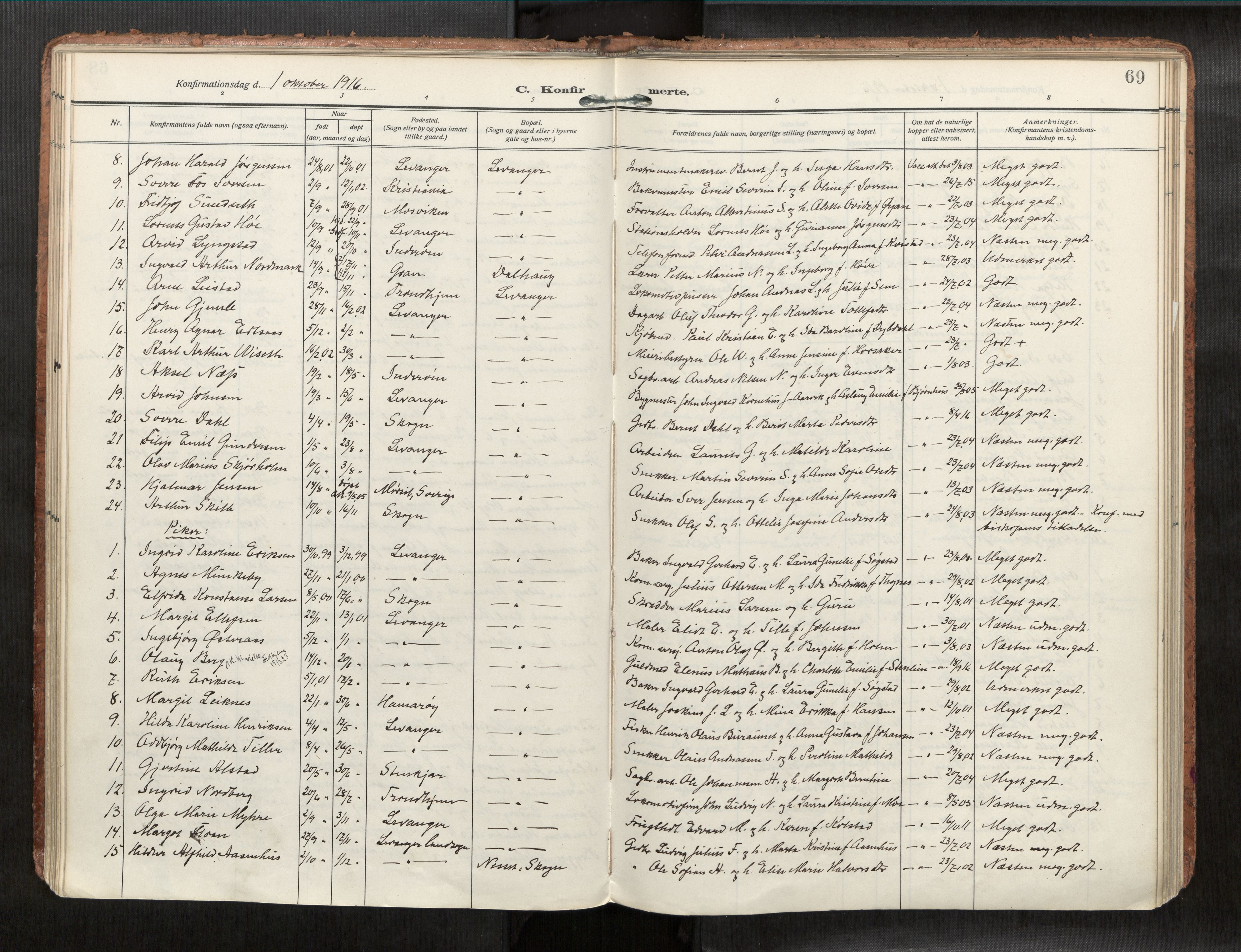 Levanger sokneprestkontor, AV/SAT-A-1301/2/H/Haa/L0001: Parish register (official) no. 1, 1912-1932, p. 69