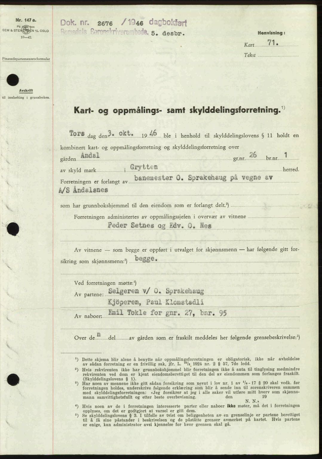 Romsdal sorenskriveri, AV/SAT-A-4149/1/2/2C: Mortgage book no. A21, 1946-1946, Diary no: : 2676/1946