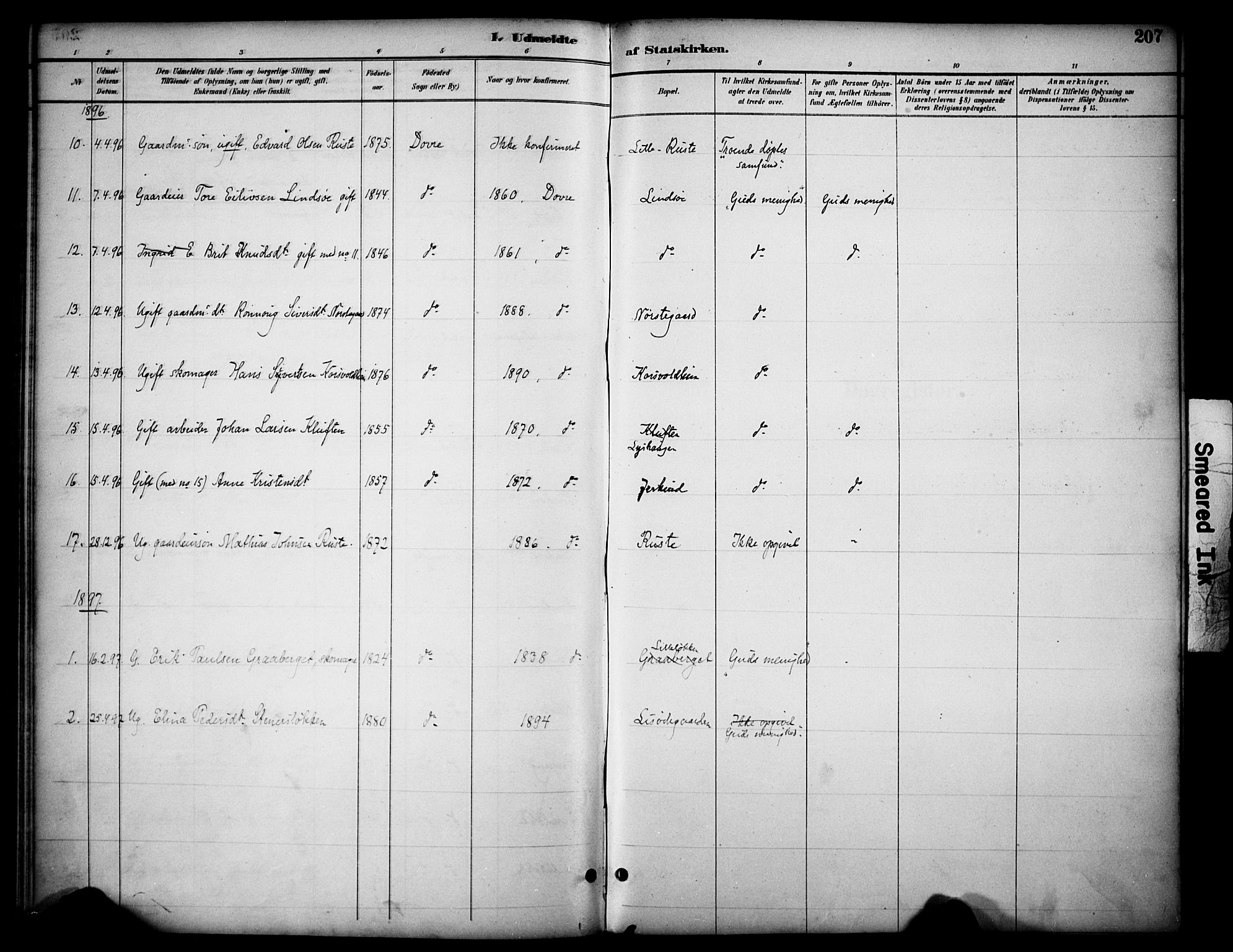Dovre prestekontor, SAH/PREST-066/H/Ha/Haa/L0003: Parish register (official) no. 3, 1891-1901, p. 207