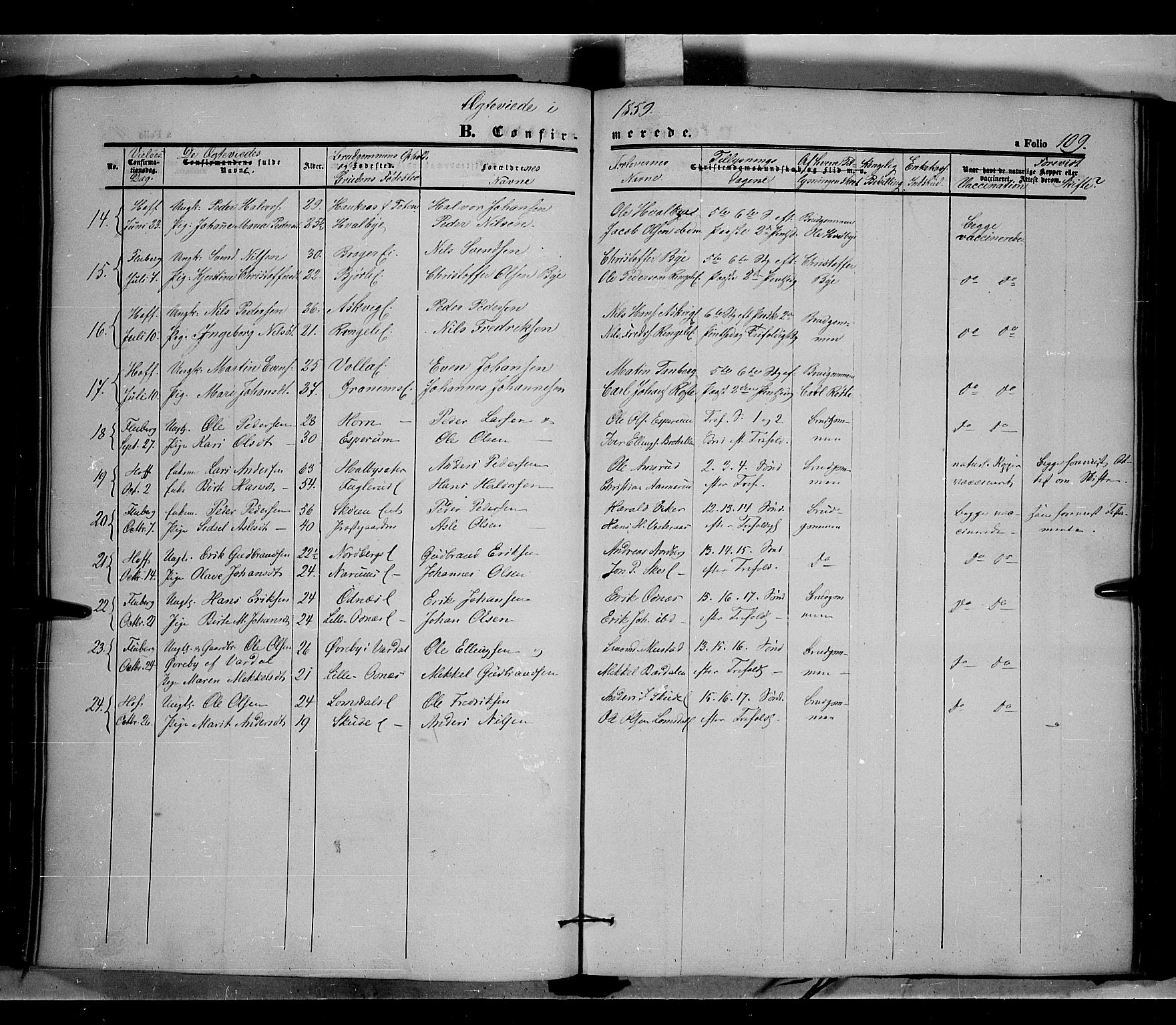Land prestekontor, SAH/PREST-120/H/Ha/Haa/L0009: Parish register (official) no. 9, 1847-1859, p. 109