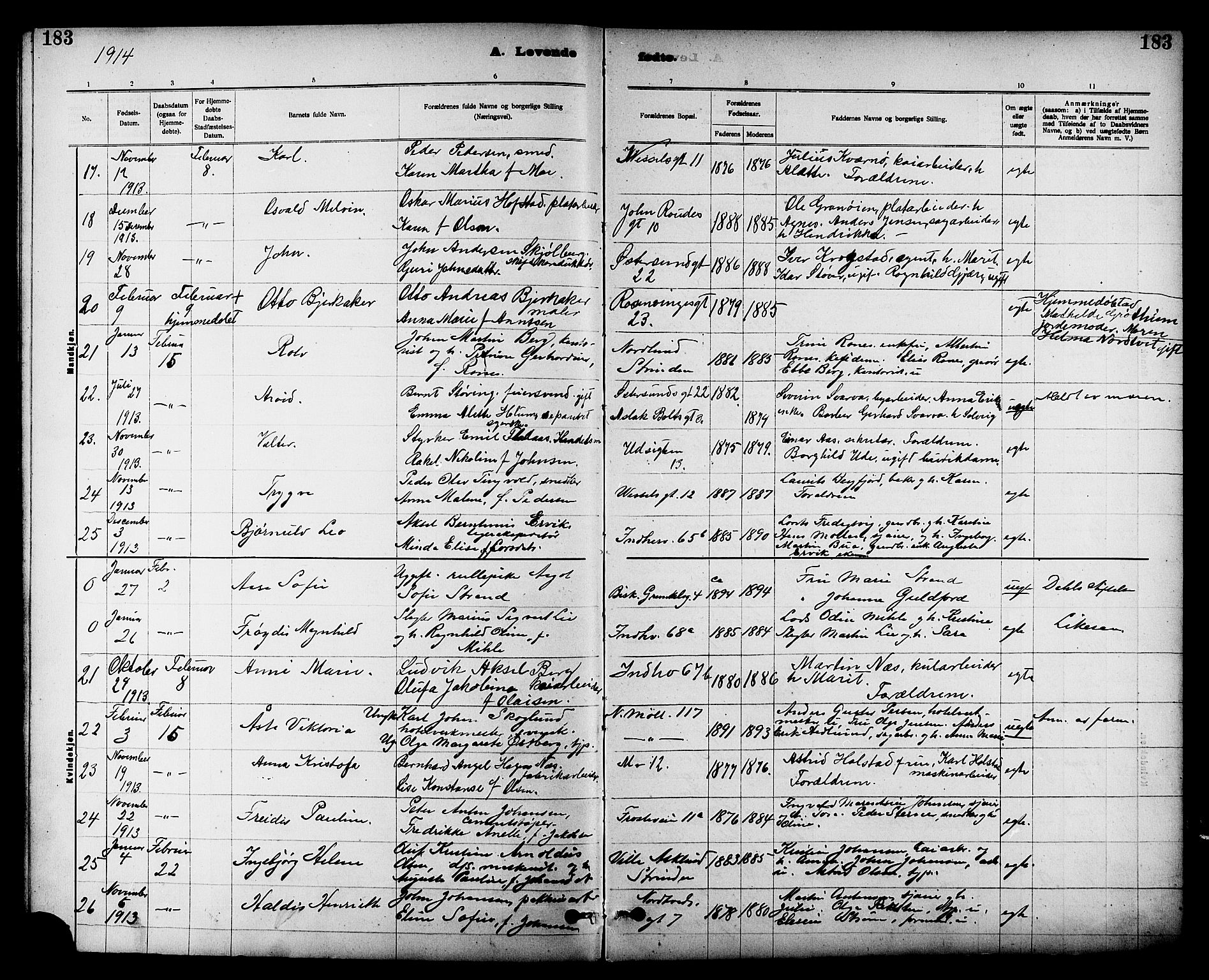Ministerialprotokoller, klokkerbøker og fødselsregistre - Sør-Trøndelag, SAT/A-1456/605/L0254: Parish register (copy) no. 605C01, 1908-1916, p. 183