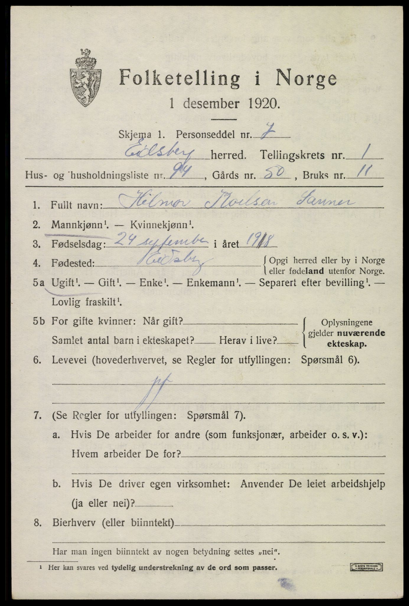 SAO, 1920 census for Eidsberg, 1920, p. 3179