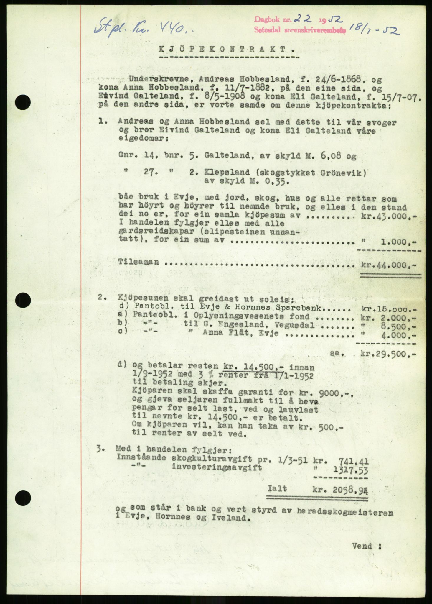 Setesdal sorenskriveri, SAK/1221-0011/G/Gb/L0050: Mortgage book no. B 38, 1949-1952, Diary no: : 22/1952
