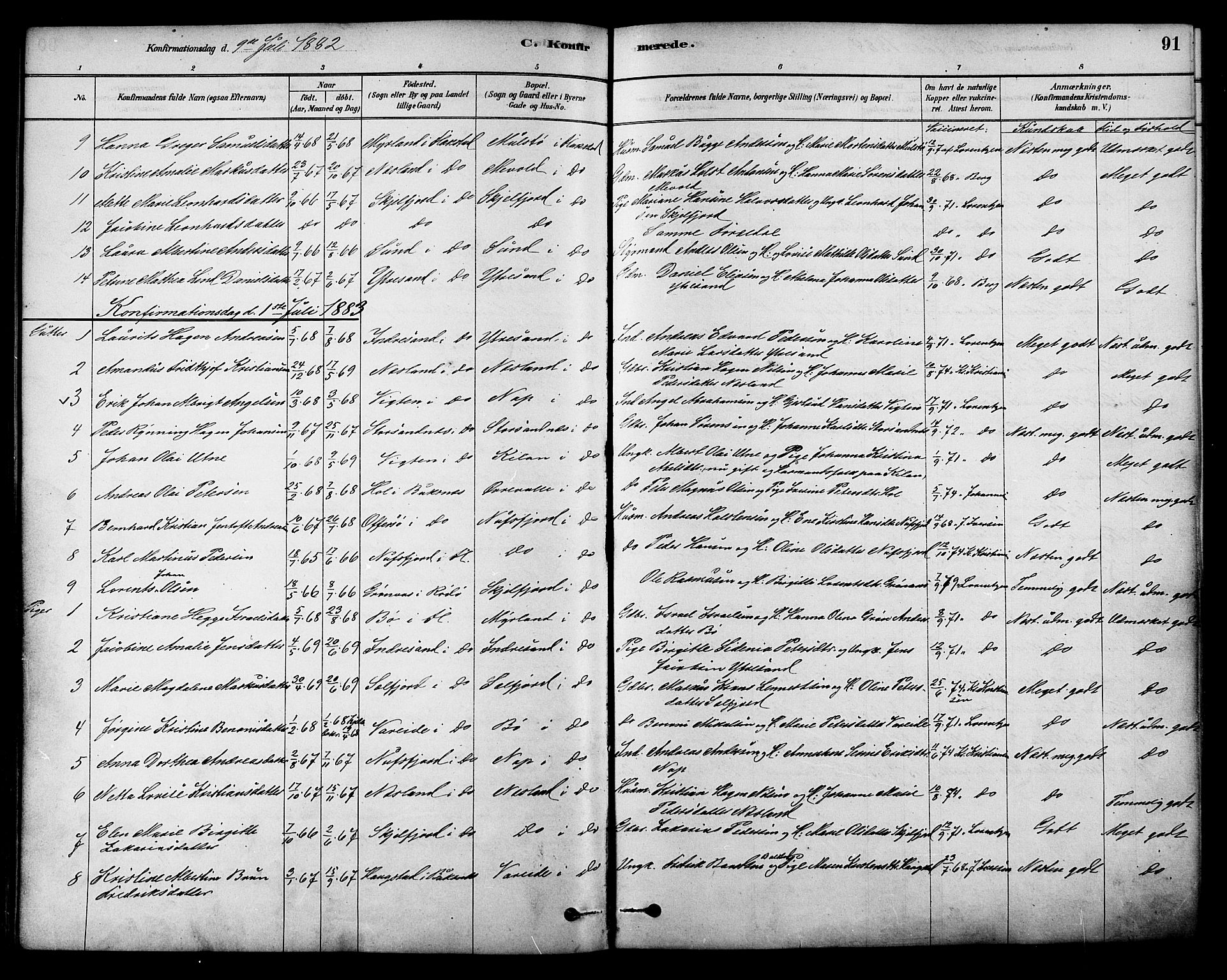 Ministerialprotokoller, klokkerbøker og fødselsregistre - Nordland, AV/SAT-A-1459/885/L1204: Parish register (official) no. 885A05, 1878-1892, p. 91