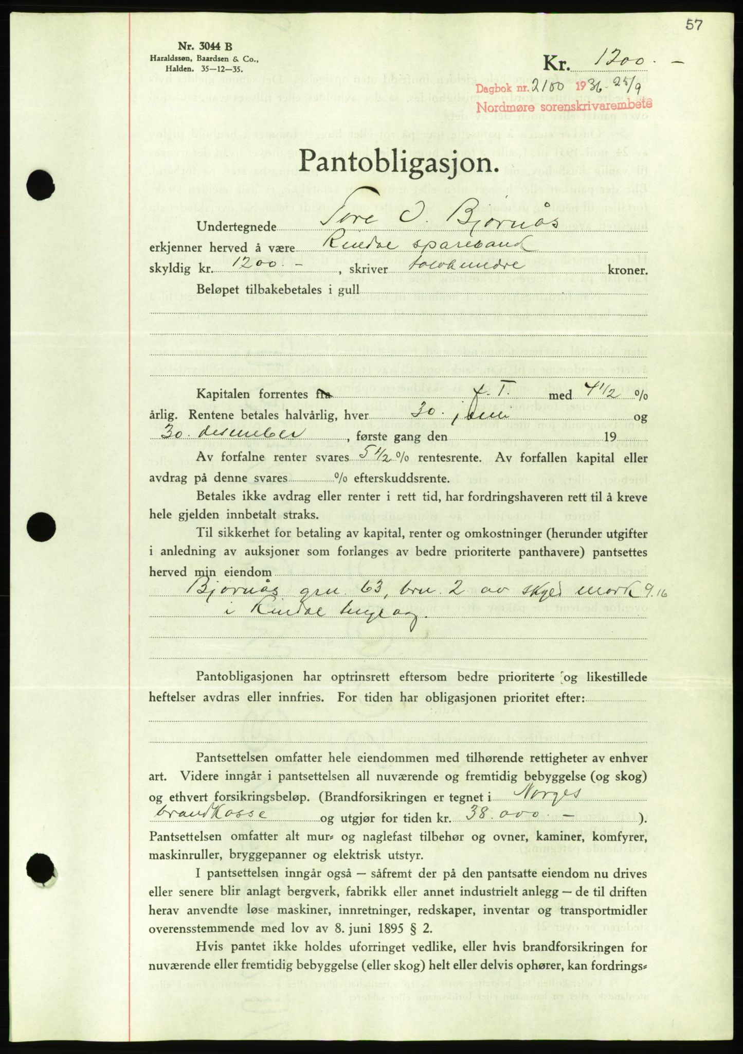 Nordmøre sorenskriveri, AV/SAT-A-4132/1/2/2Ca/L0090: Mortgage book no. B80, 1936-1937, Diary no: : 2100/1936