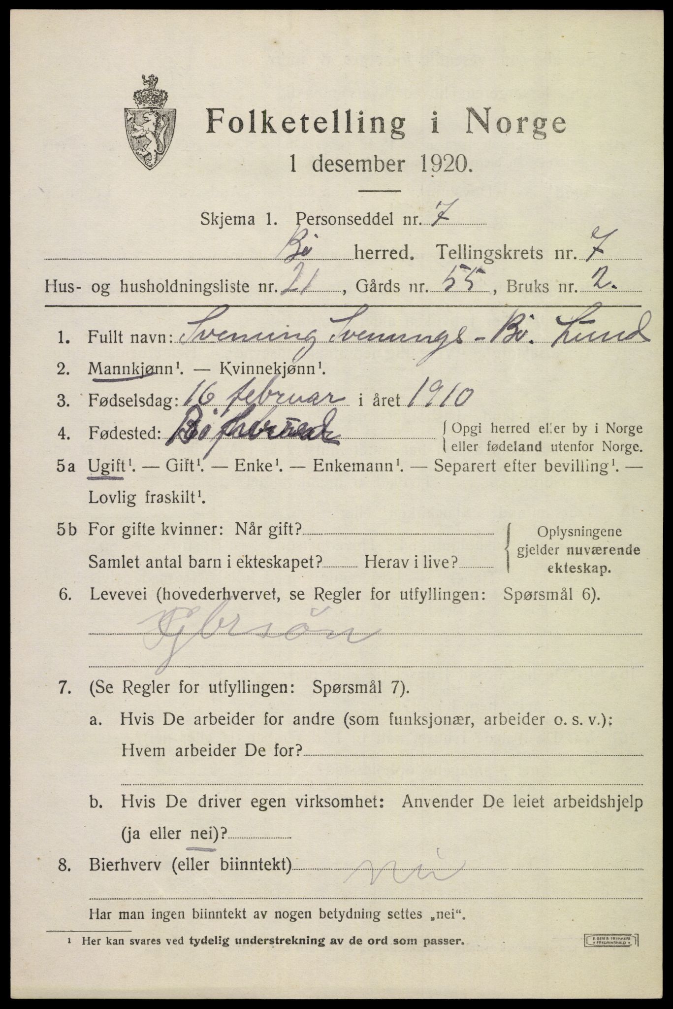 SAKO, 1920 census for Bø (Telemark), 1920, p. 5286
