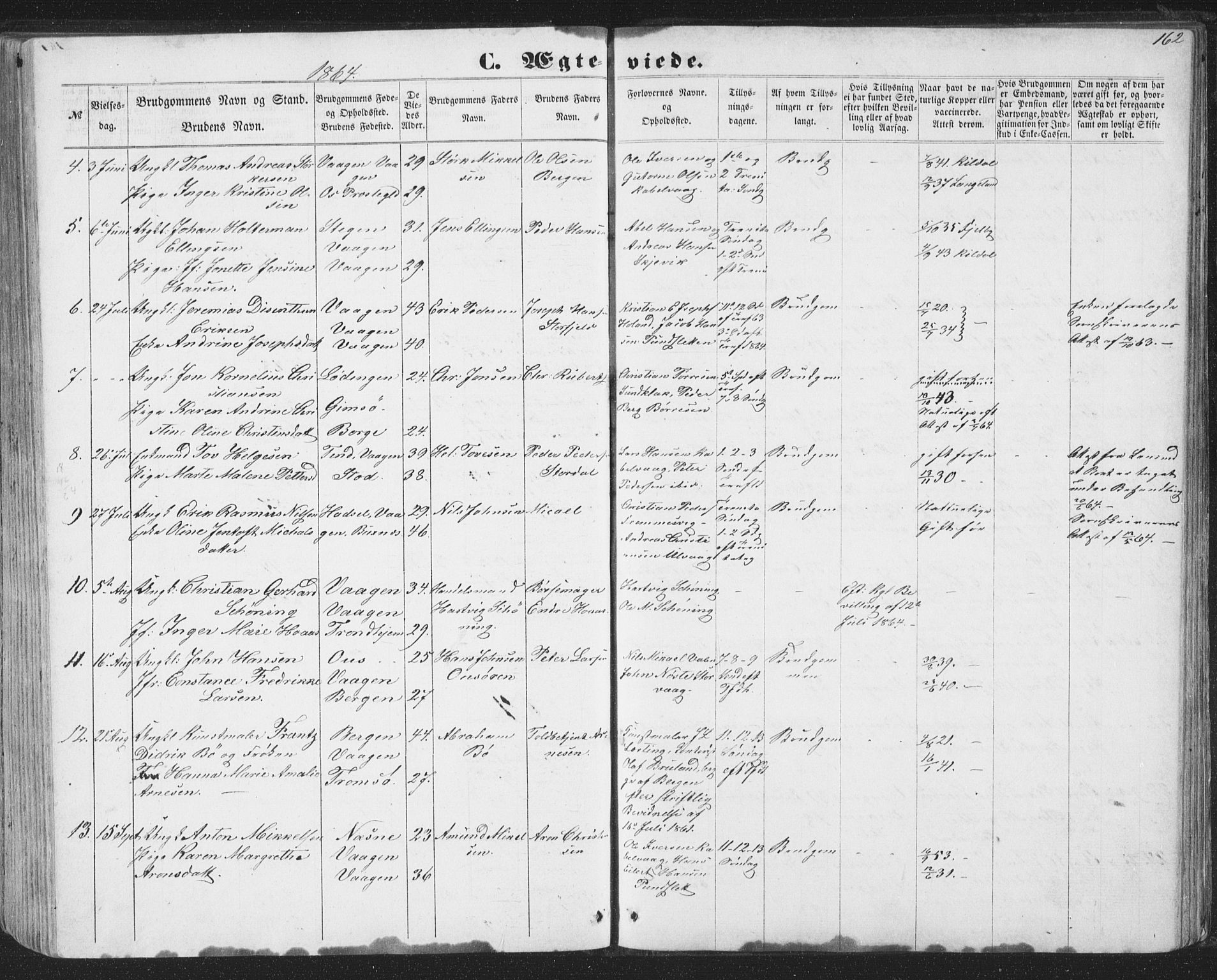 Ministerialprotokoller, klokkerbøker og fødselsregistre - Nordland, AV/SAT-A-1459/874/L1073: Parish register (copy) no. 874C02, 1860-1870, p. 162