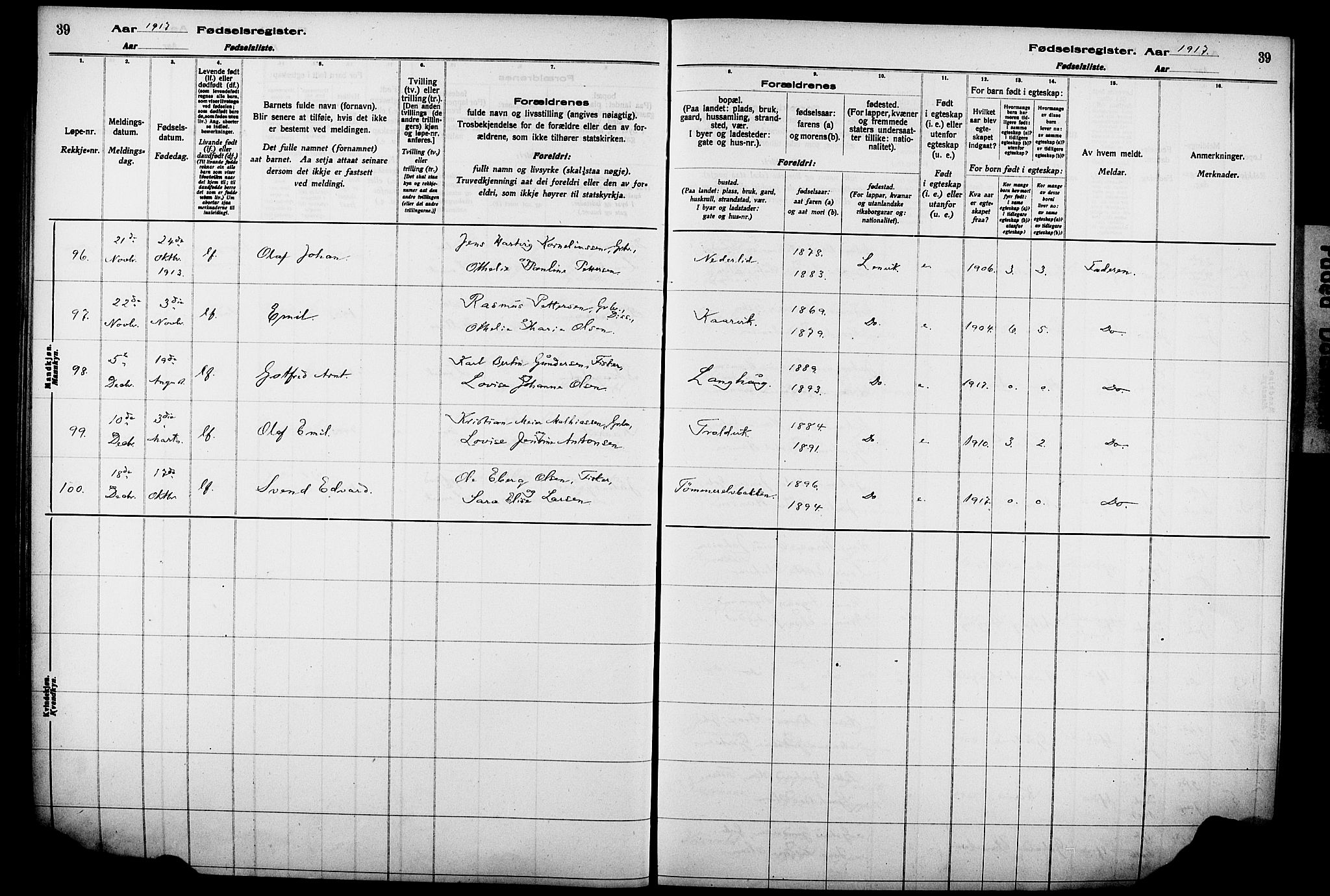 Lenvik sokneprestembete, AV/SATØ-S-1310/I/Ic/L0089: Birth register no. 89, 1916-1926, p. 39